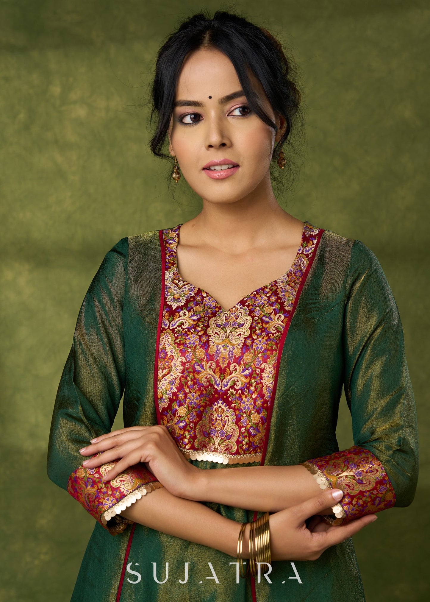 Beautiful Emerald Green Tissue Kurta With Brocade Details - Pant Optional