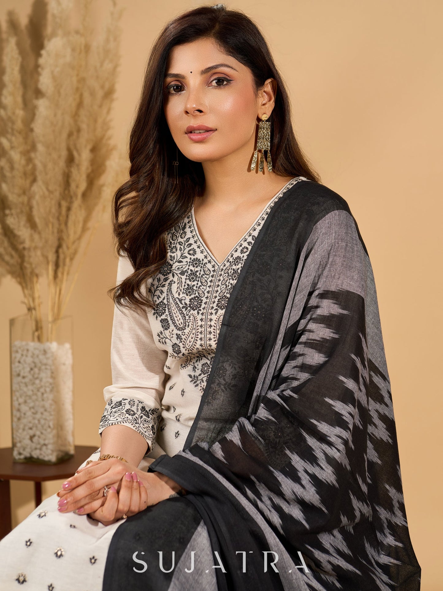 Monochrome Muse Kurta Set with Ikat Dupatta
