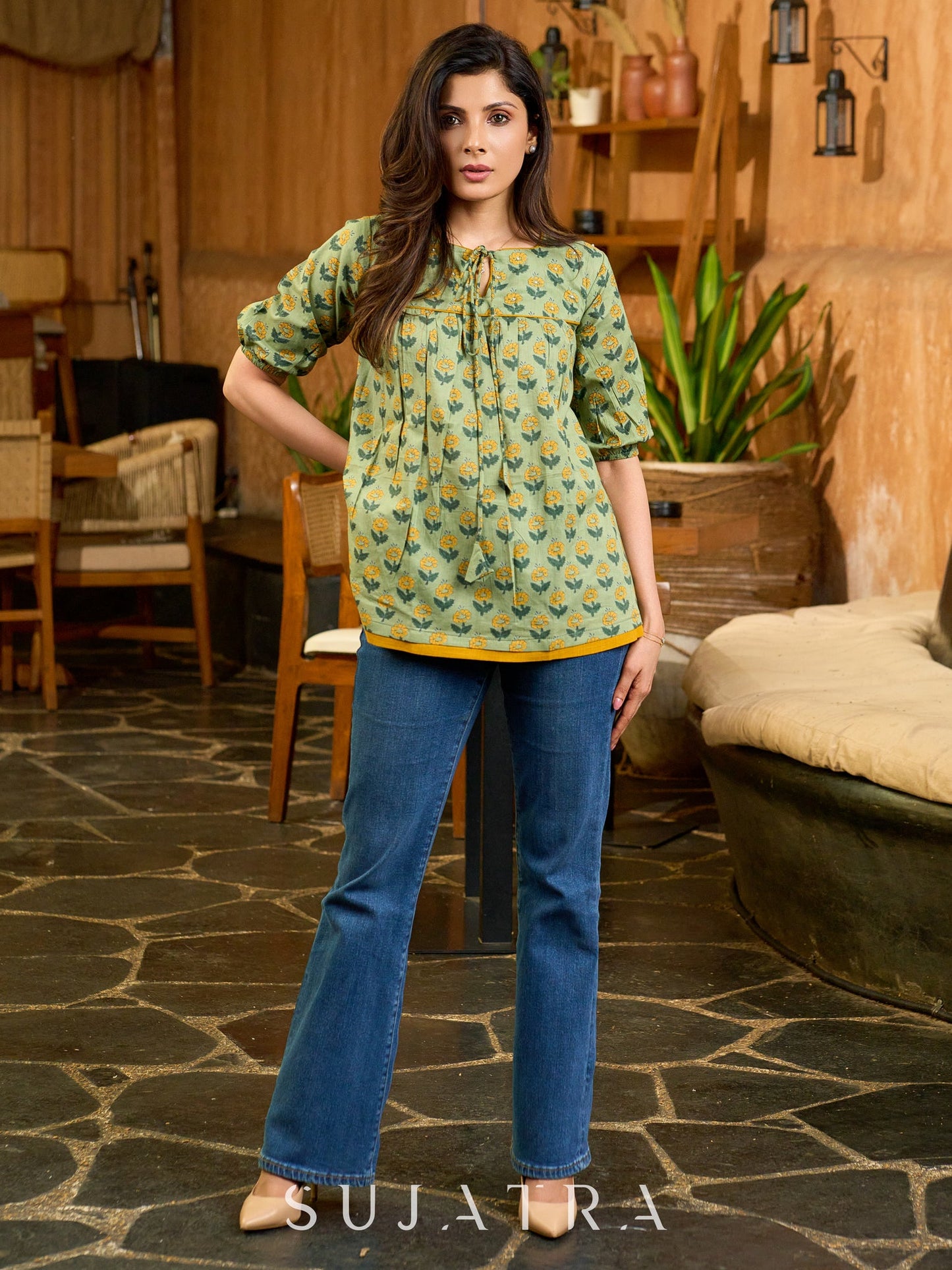 Botanical Green Printed Top with Contrast Mustard Flared Hem and Puffy Sleeves with Pearl Embellishments