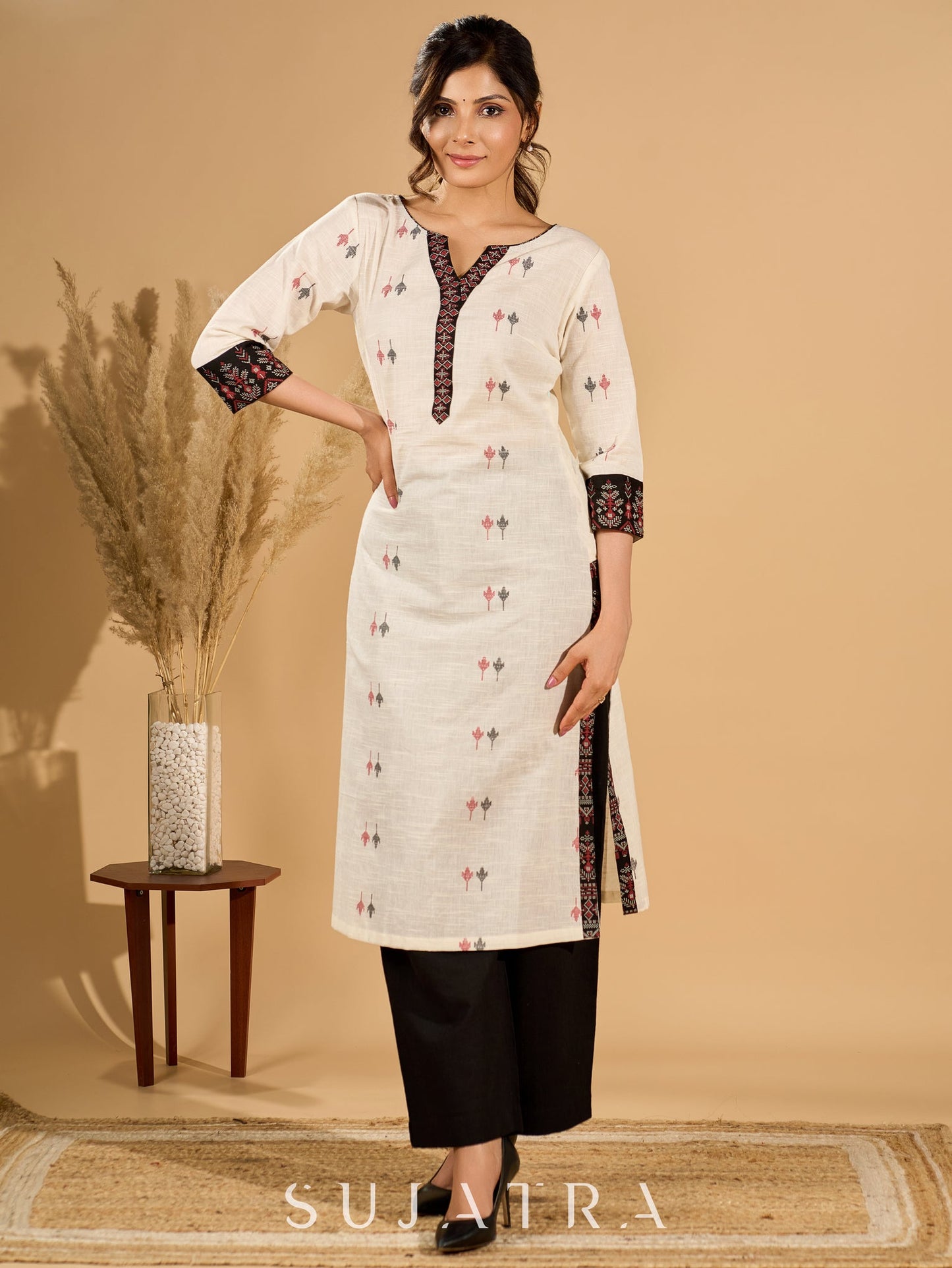 Whispering White Cotton Woven Jamdani Kurta with Bold Black Accents