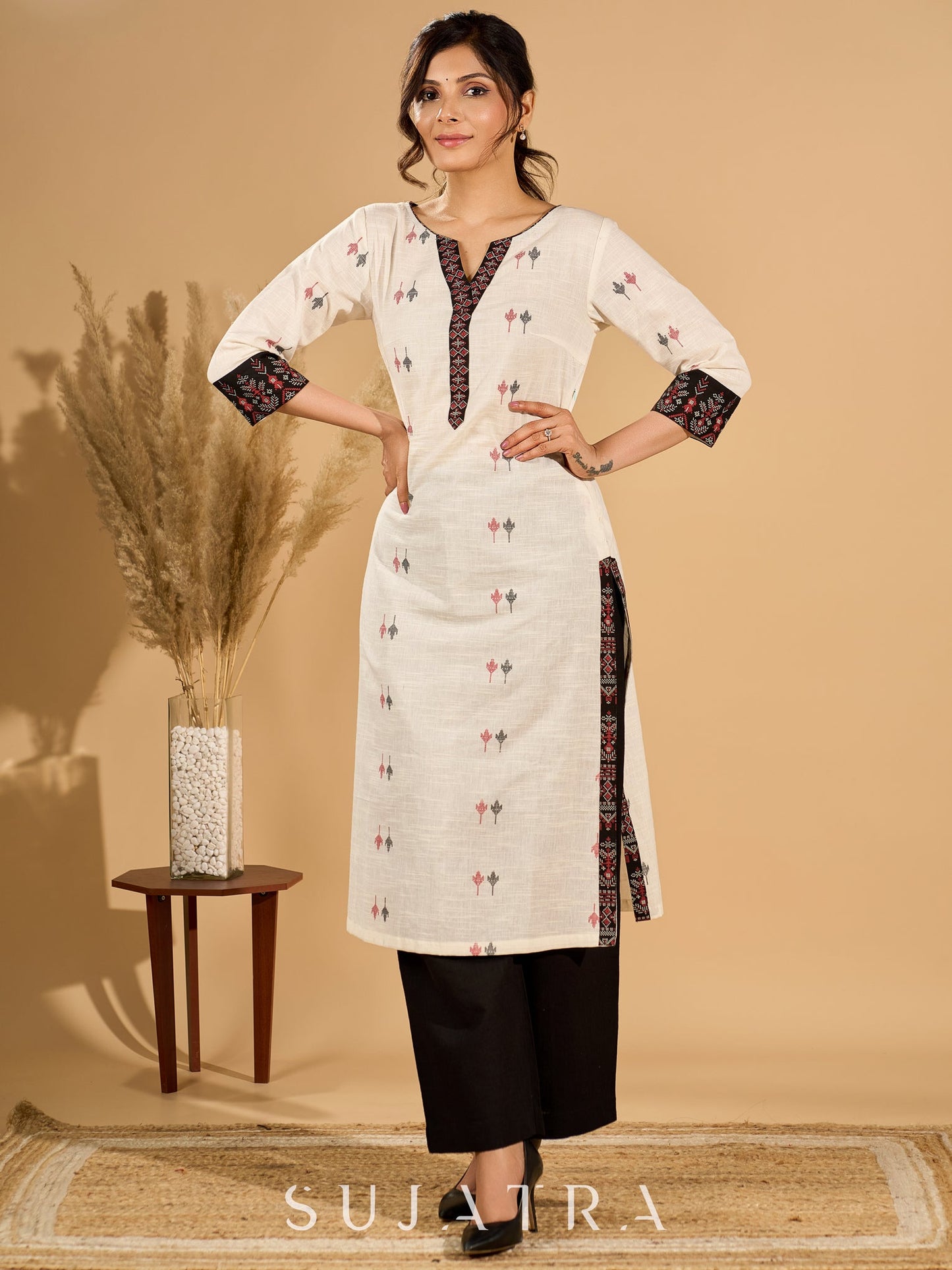 Whispering White Cotton Woven Jamdani Kurta with Bold Black Accents