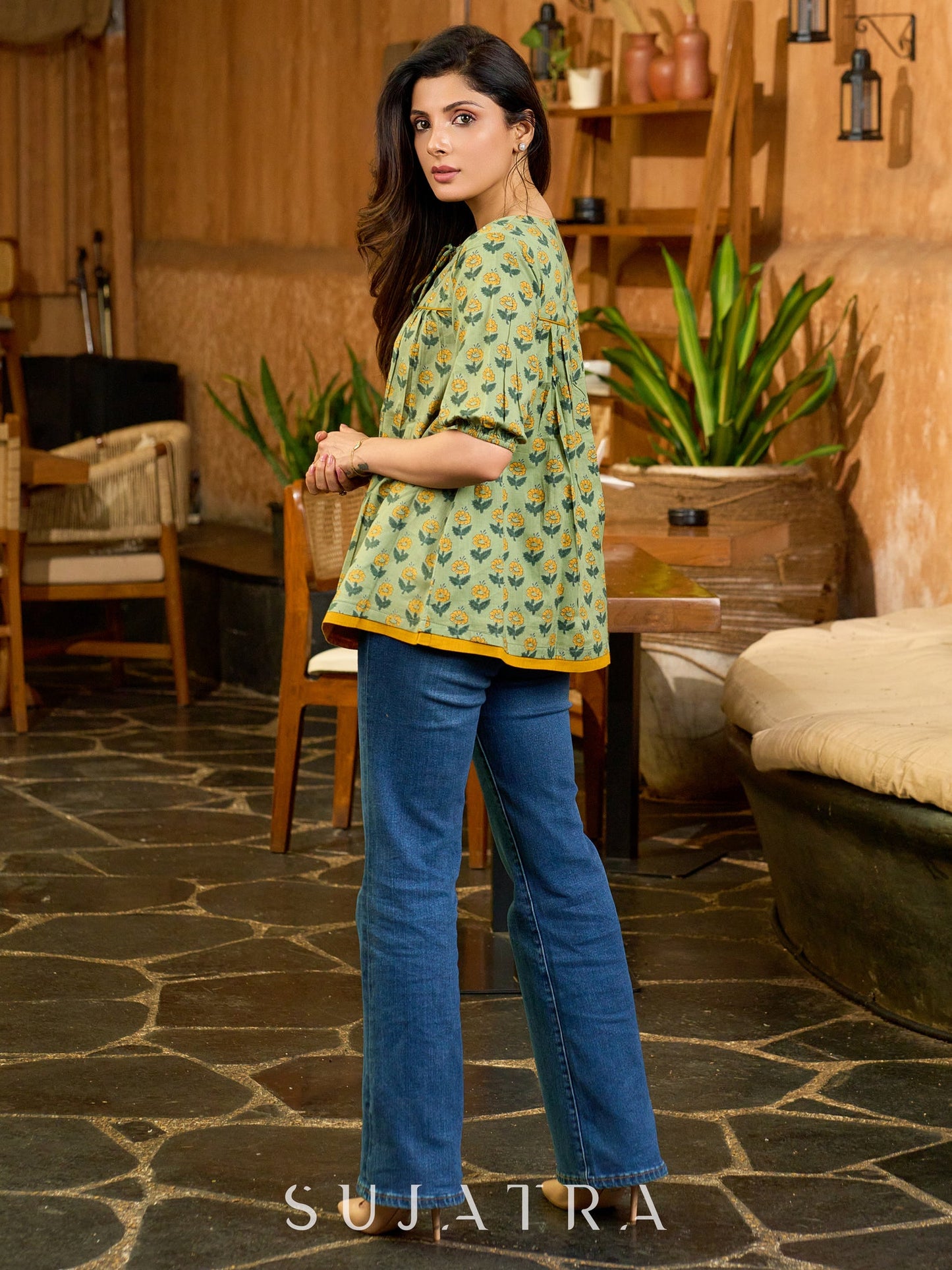 Botanical Green Printed Top with Contrast Mustard Flared Hem and Puffy Sleeves with Pearl Embellishments