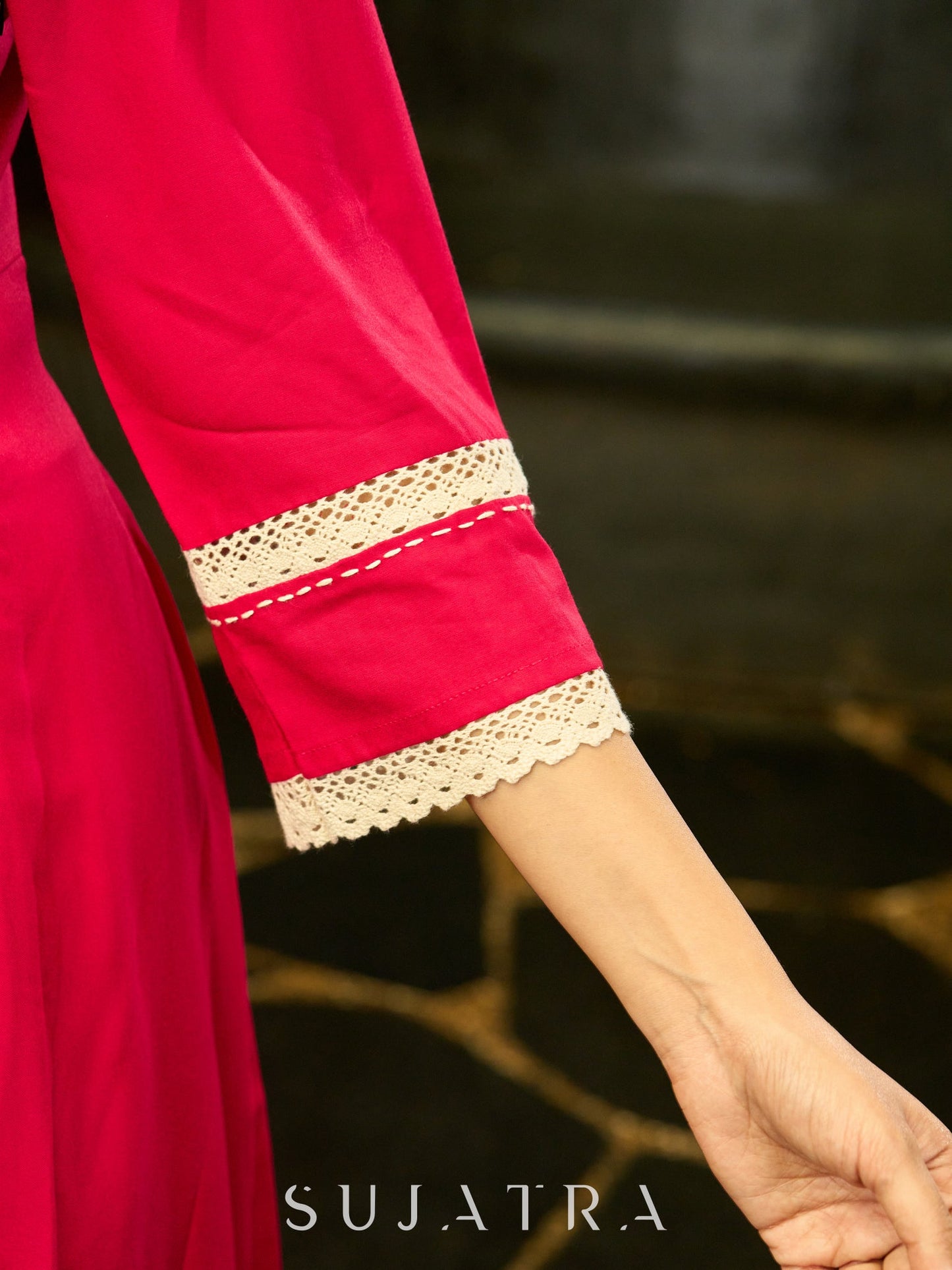 Fuchsia Flair Pleated Dress with Delicate Crochet Lace