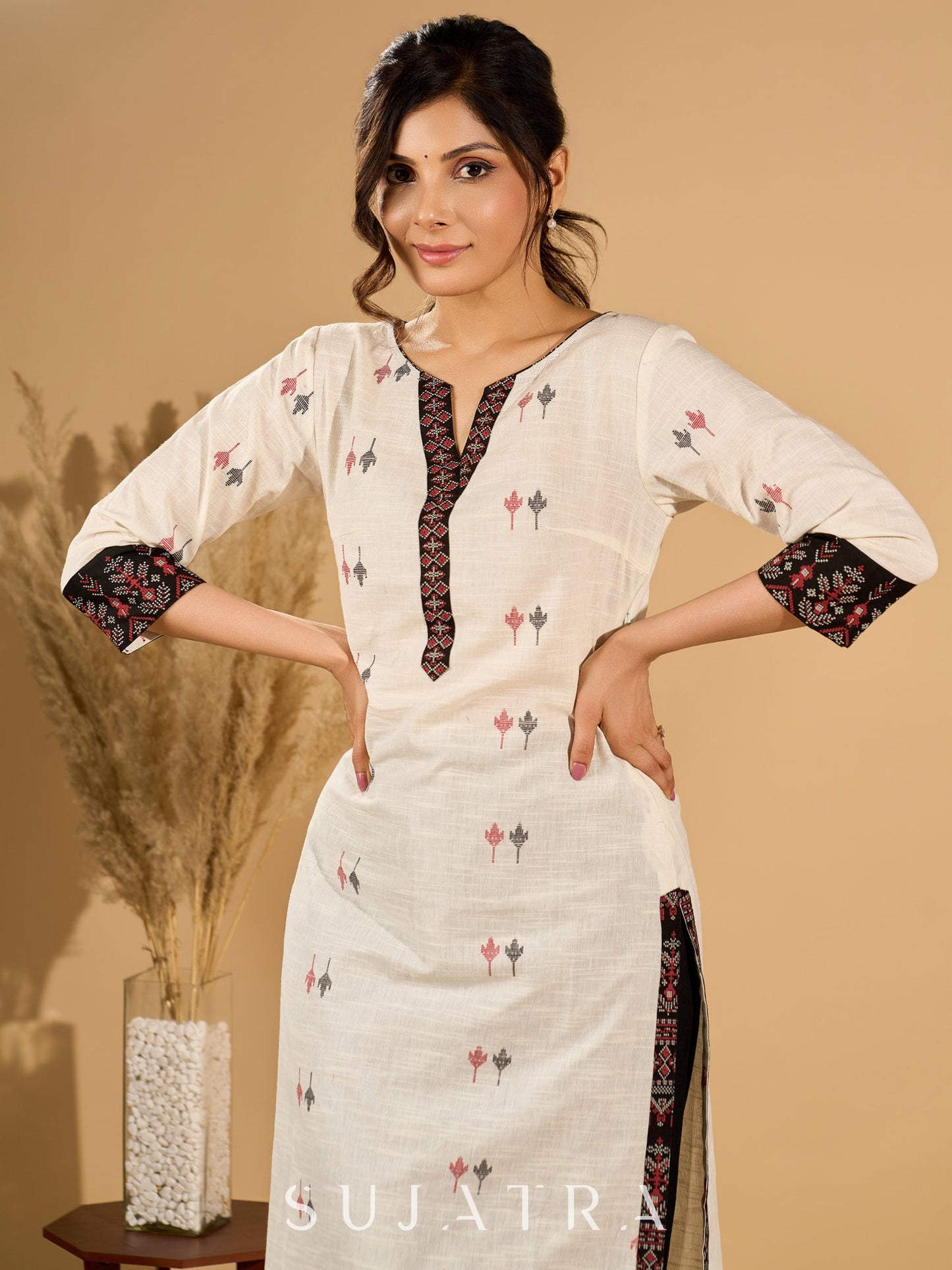 Whispering White Cotton Woven Jamdani Kurta with Bold Black Accents