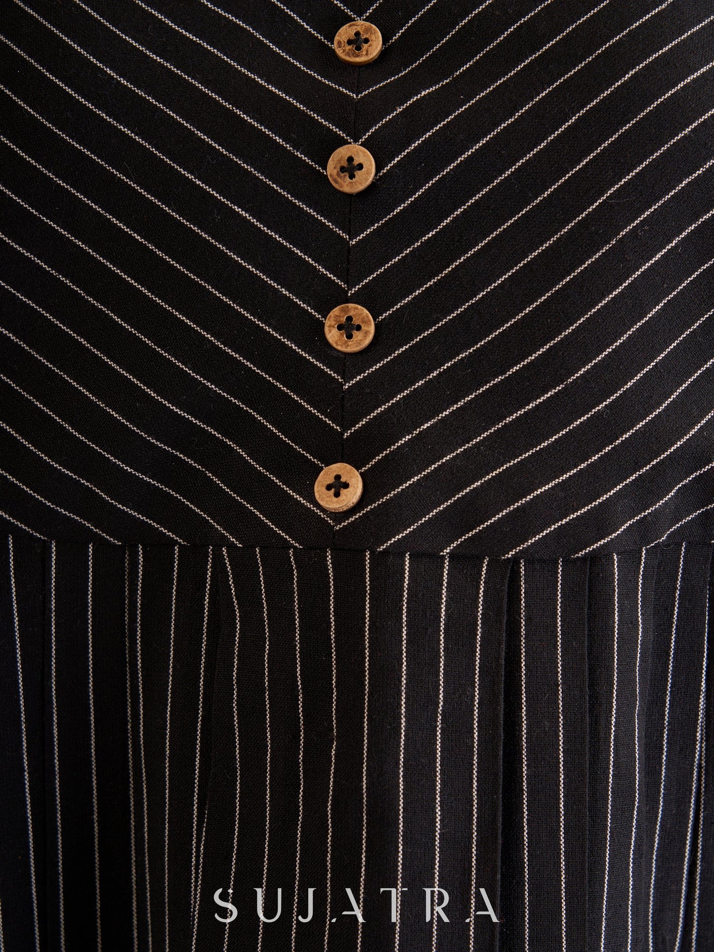 Sophisticated Black Striped Ikat Kurta with Graceful Pleat Detailing