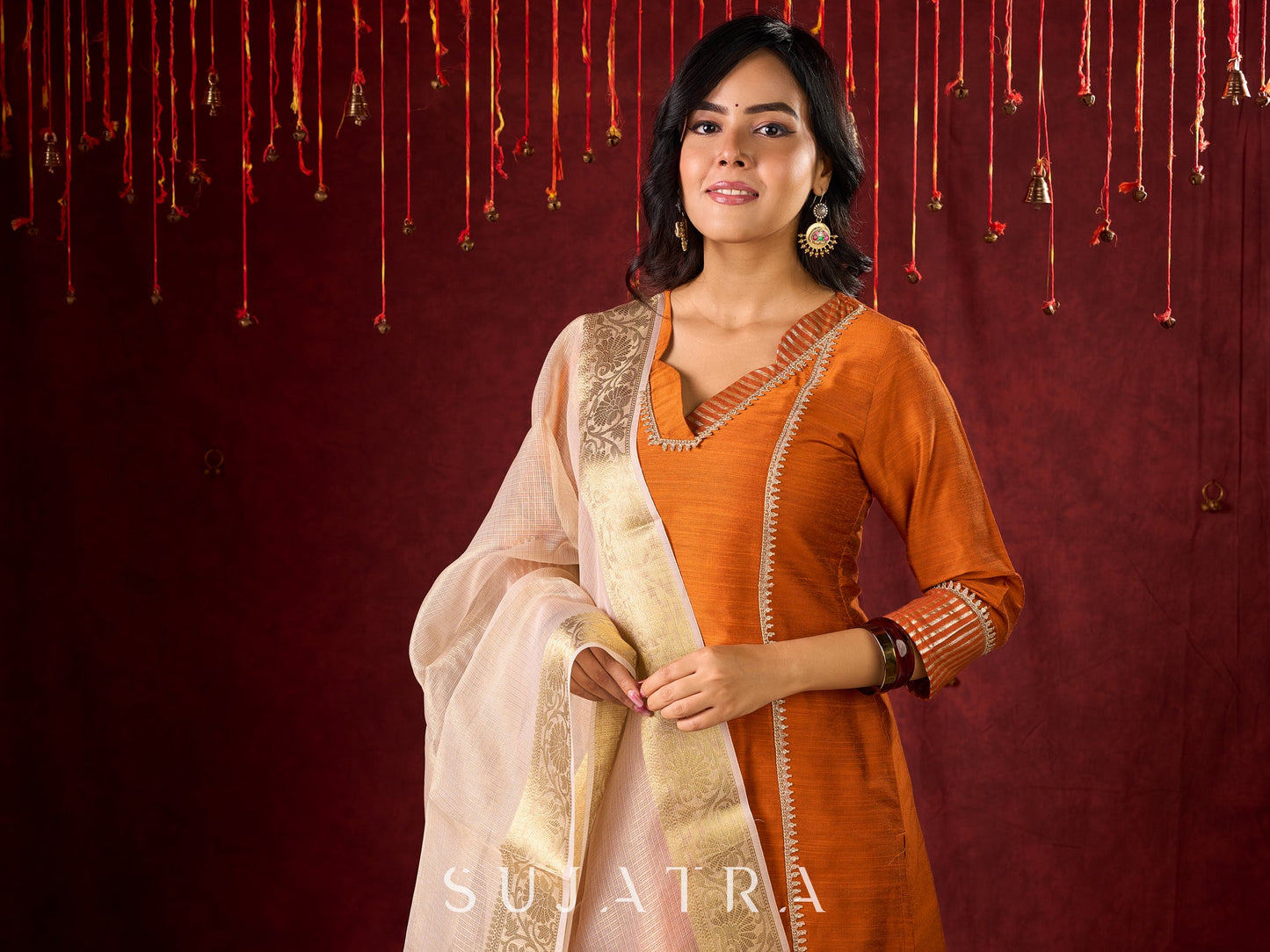 Deep Rust Cotton-Silk Panel Kurta with Subtle Brocade Accents