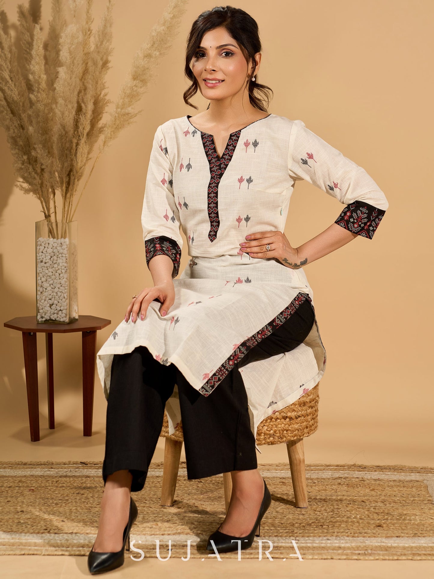 Whispering White Cotton Woven Jamdani Kurta with Bold Black Accents