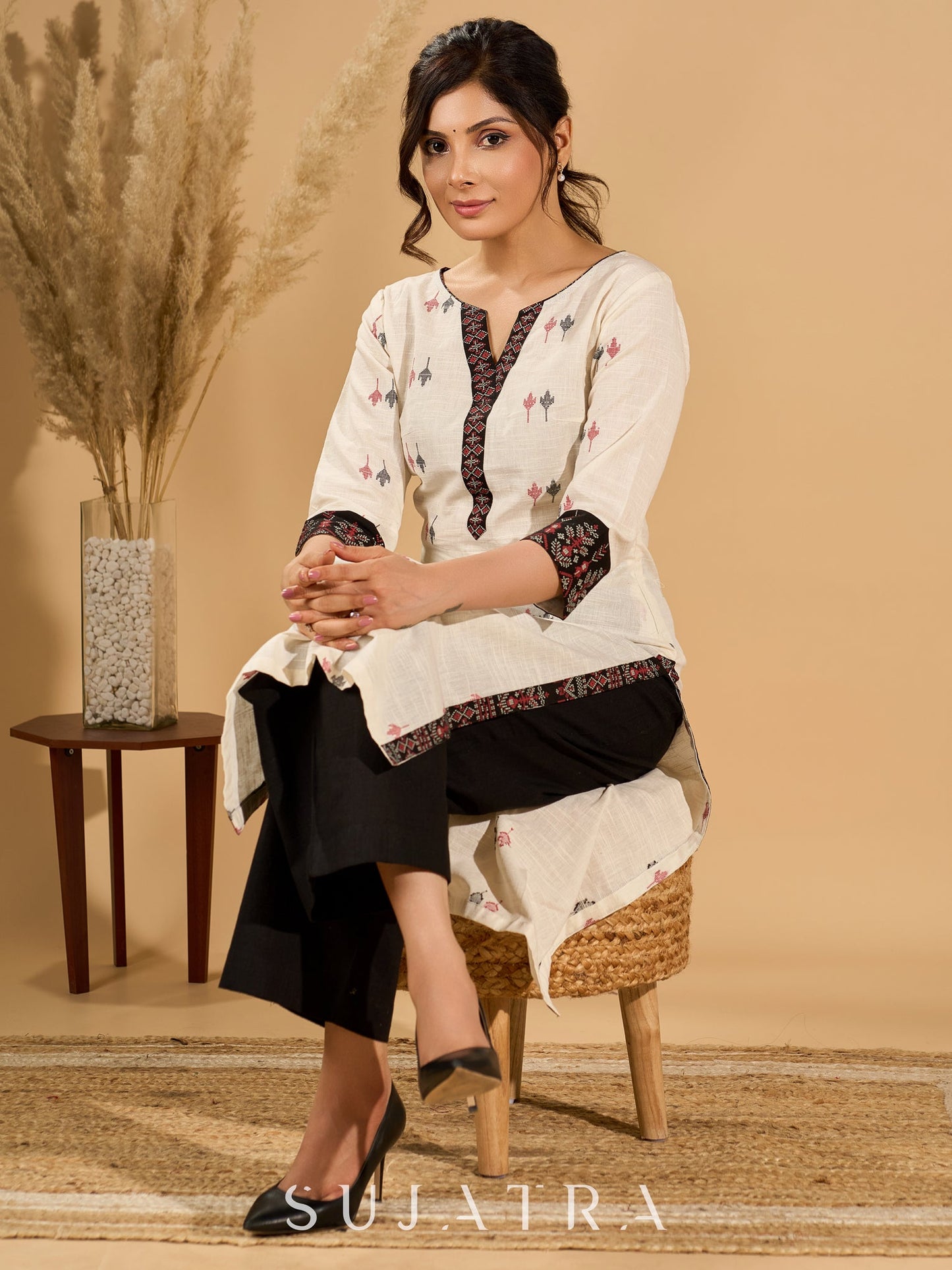 Whispering White Cotton Woven Jamdani Kurta with Bold Black Accents