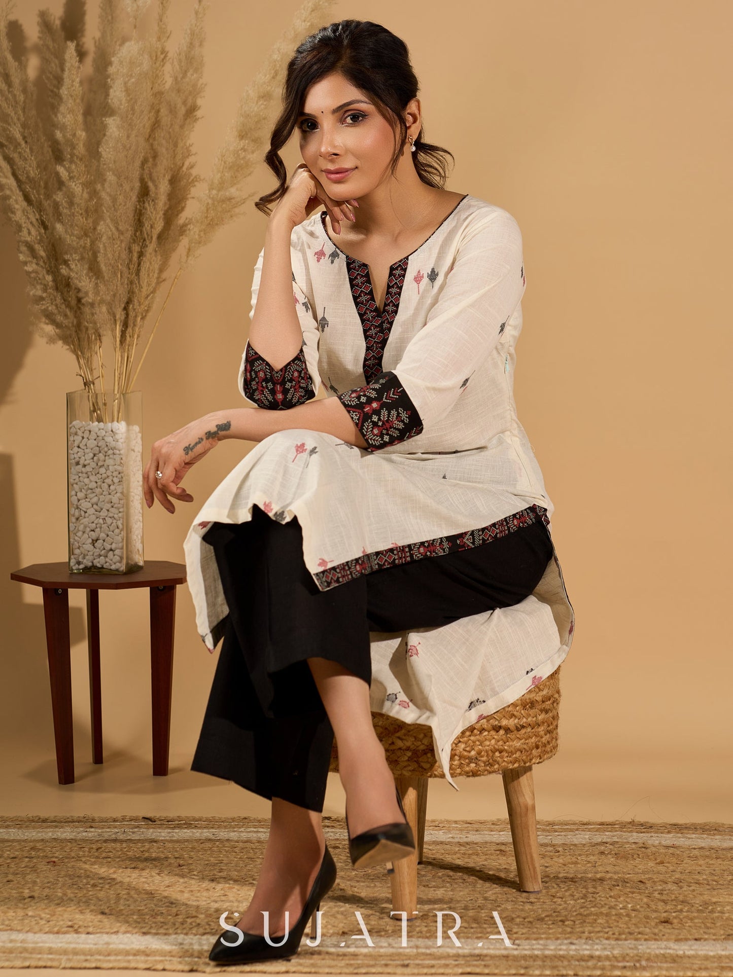 Whispering White Cotton Woven Jamdani Kurta with Bold Black Accents