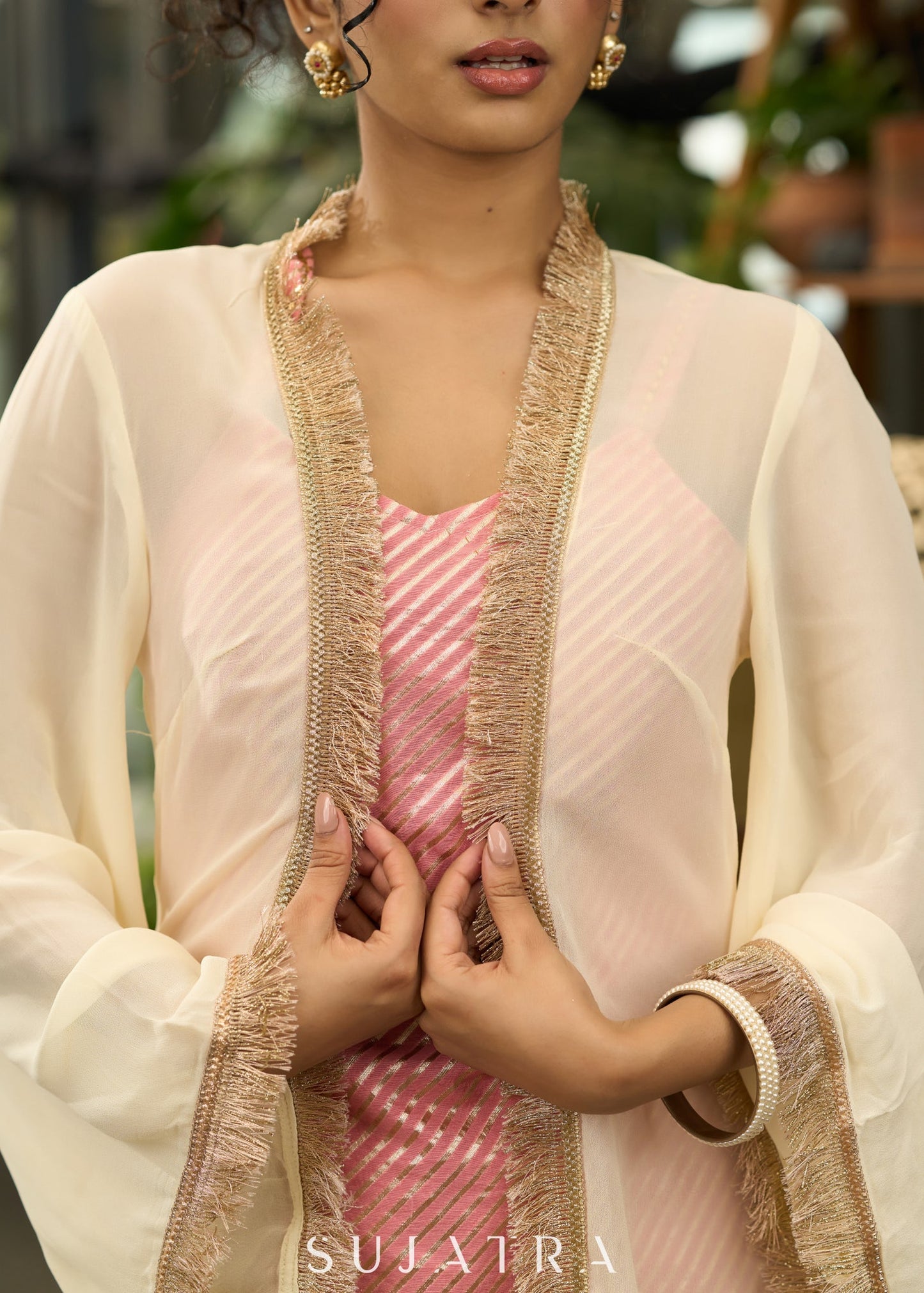 Beautiful peach striped Banarasi kurta with cream georgette shrug - Pant optional