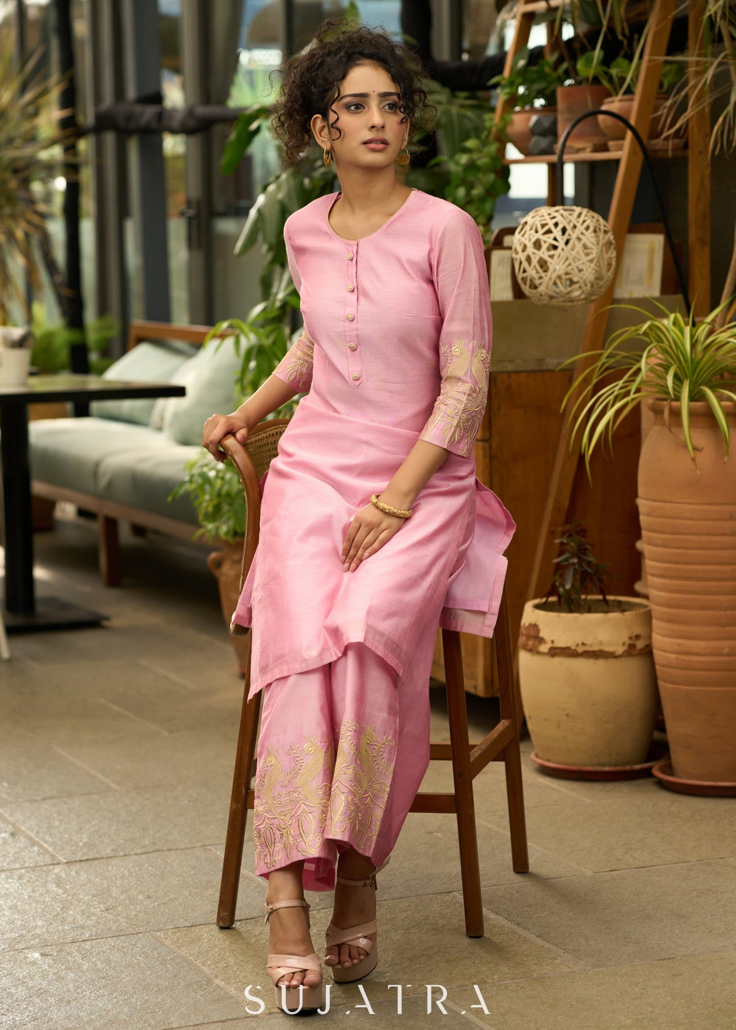 Baby pink chanderi gold embroidered Co-ord set