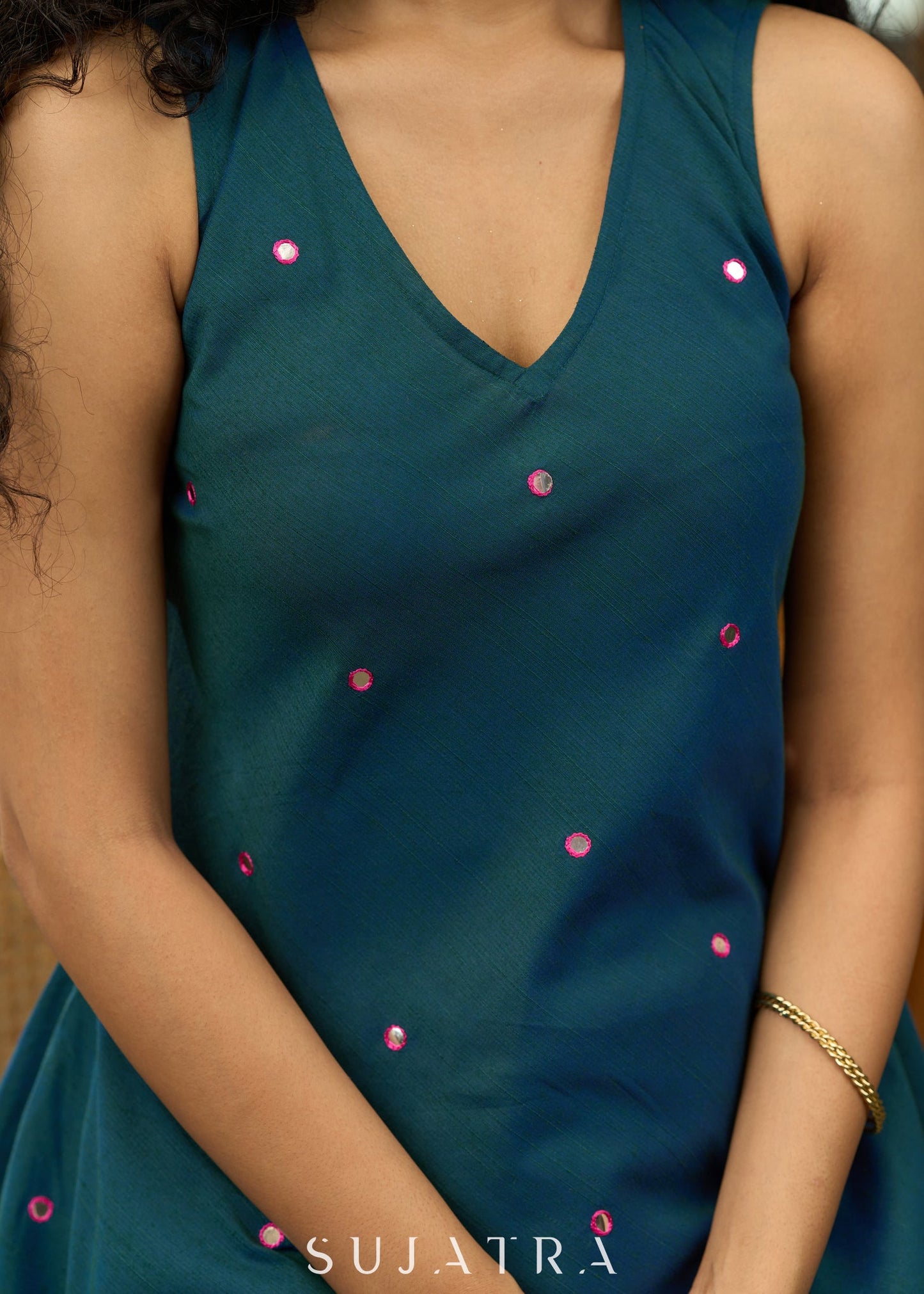 Peacock blue cotton silk kurta with all over mirror work