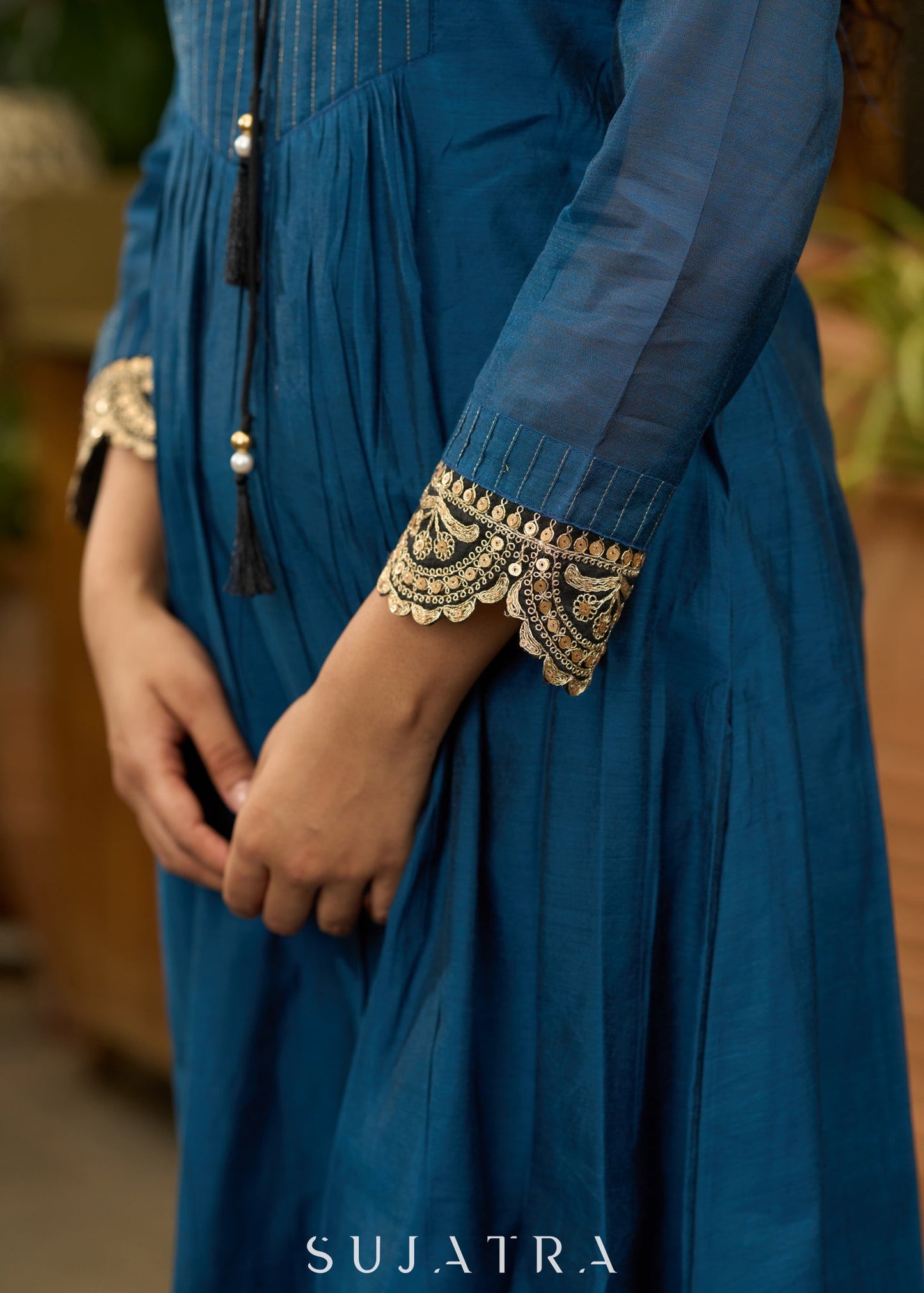 Classy teal blue chanderi Co ord set with lace detaling