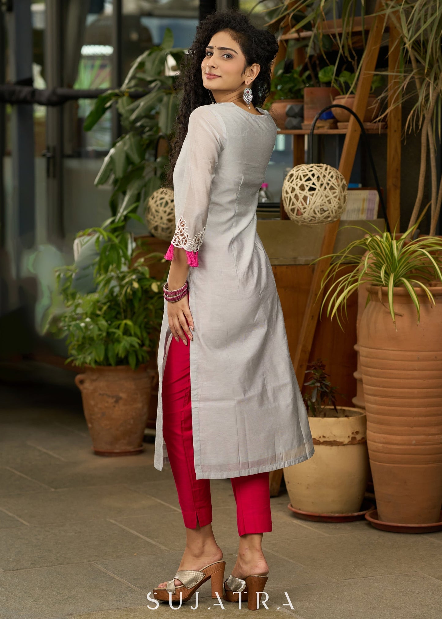 Smart Grey chanderi kurta with cutwork on sleeves - Pant Optional