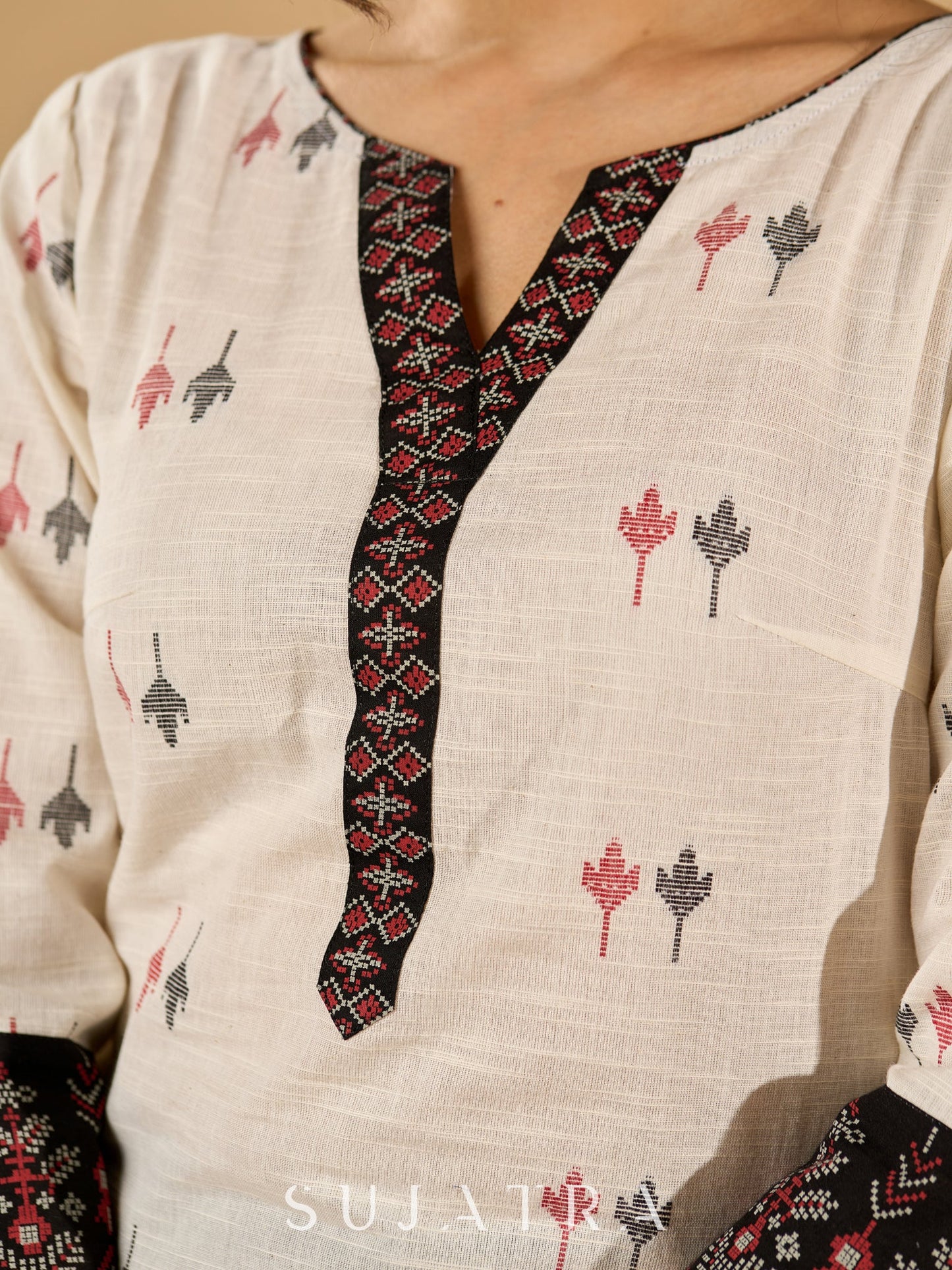 Whispering White Cotton Woven Jamdani Kurta with Bold Black Accents