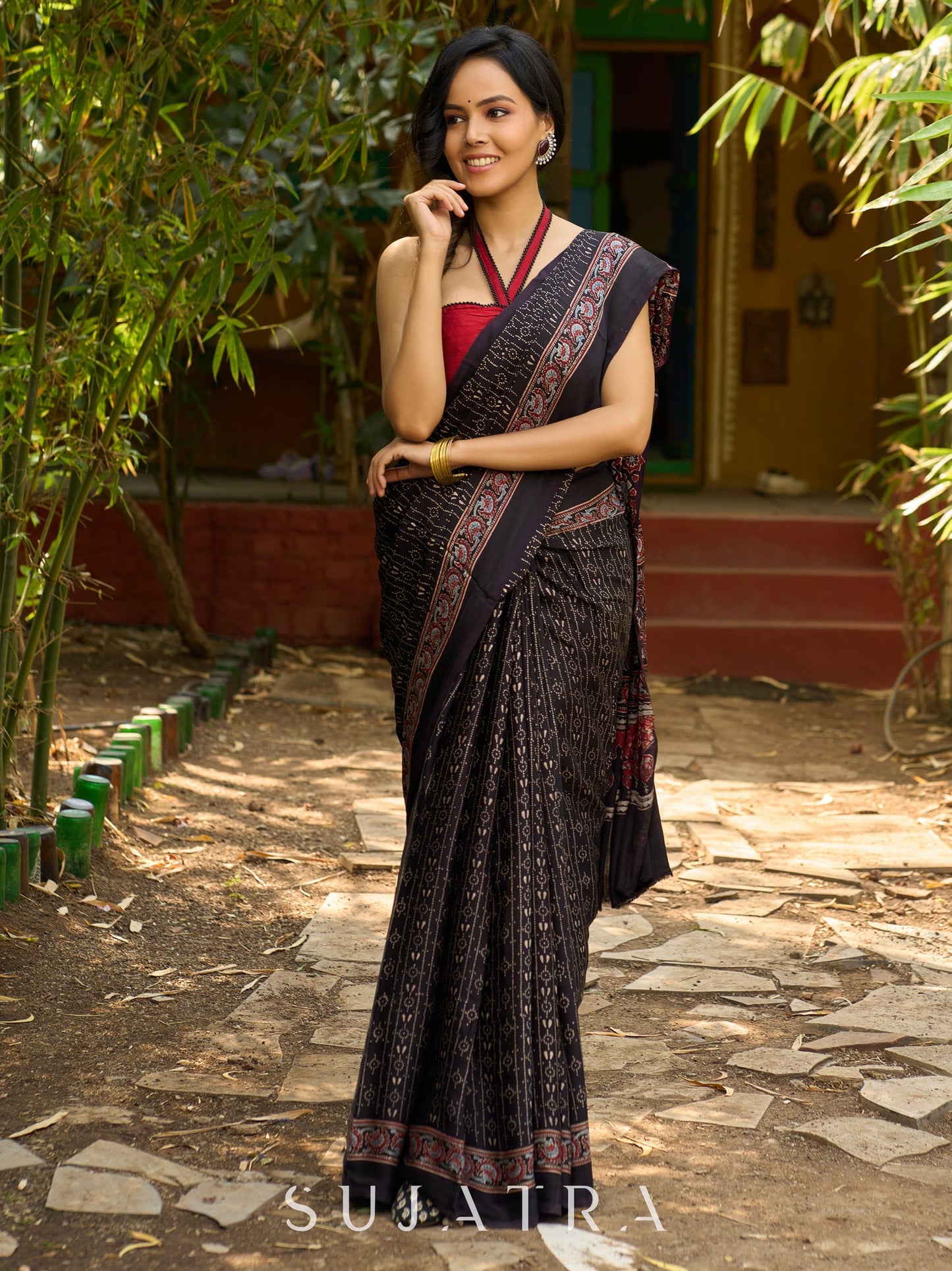 Midnight Elegance : Black Ajrakh Hand Block Printed Pure Modal Silk Saree