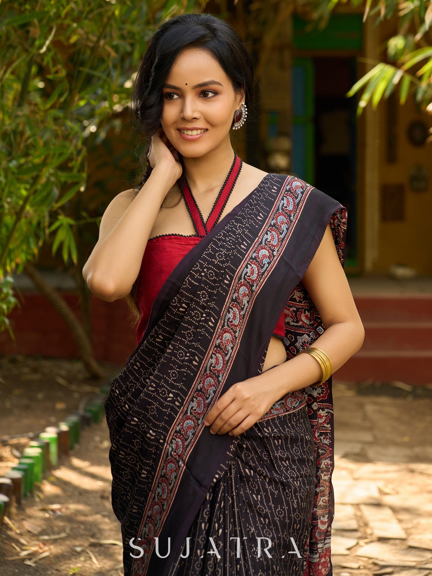 Midnight Elegance : Black Ajrakh Hand Block Printed Pure Modal Silk Saree