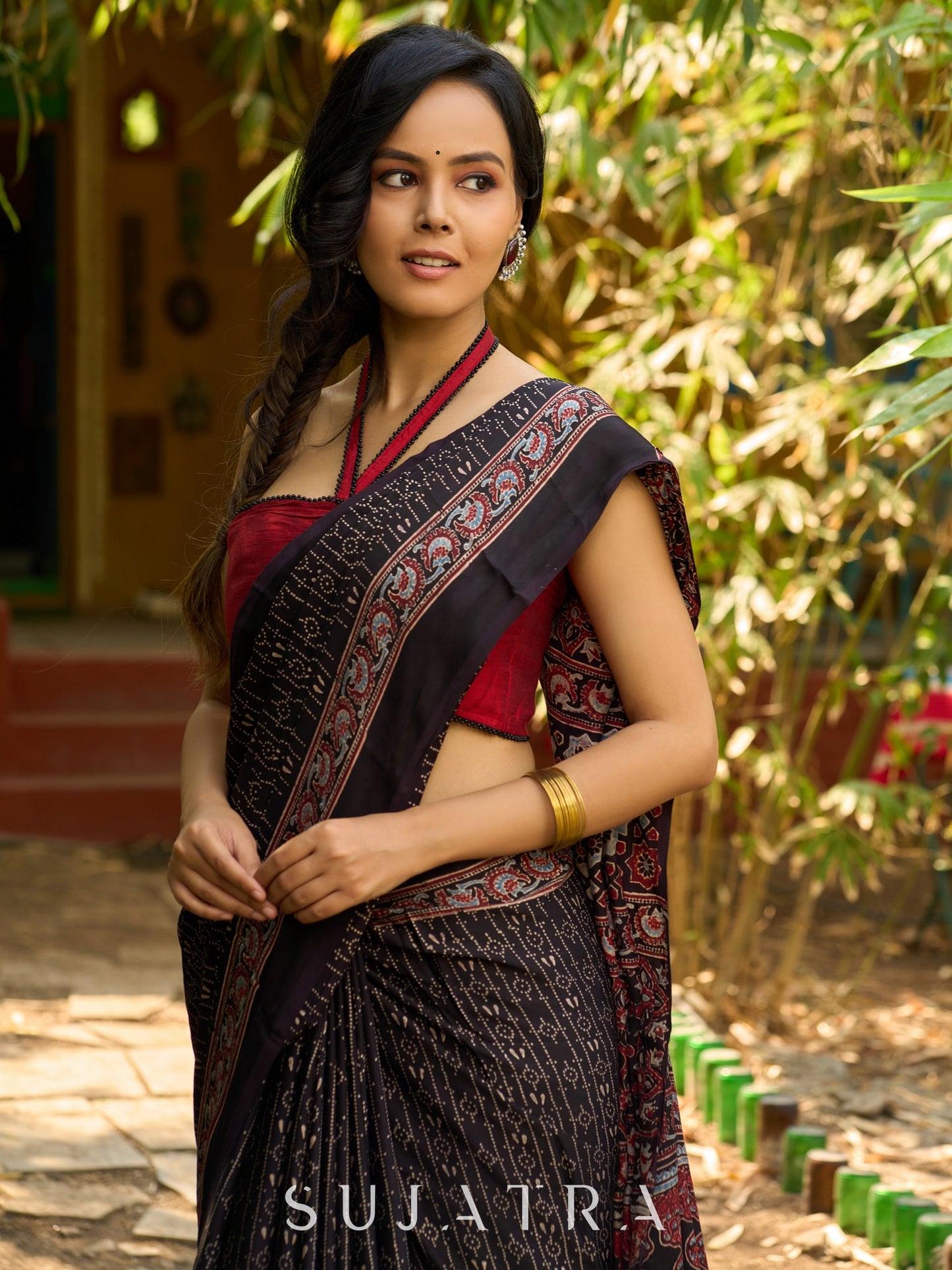 Midnight Elegance : Black Ajrakh Hand Block Printed Pure Modal Silk Saree
