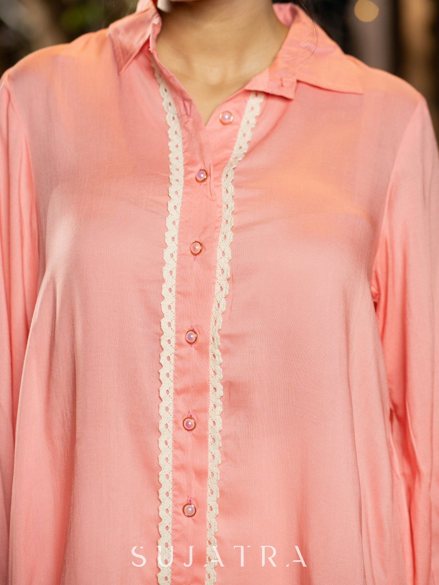 Elegant Light Peach Modal Shirt with High-Low Hem & Intricate Crochet Lace