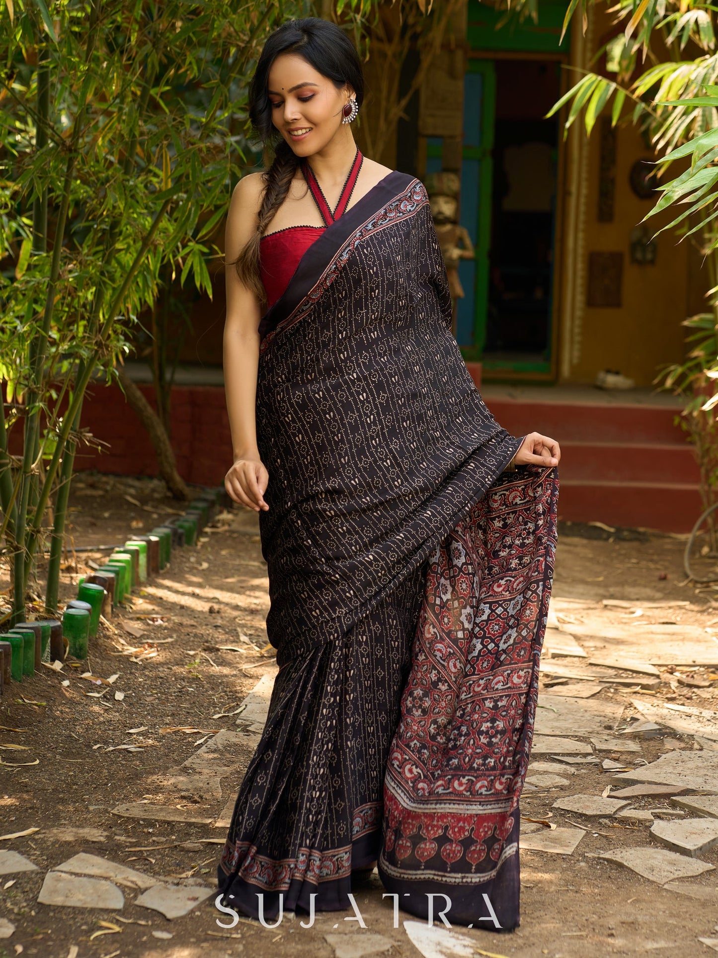 Midnight Elegance : Black Ajrakh Hand Block Printed Pure Modal Silk Saree