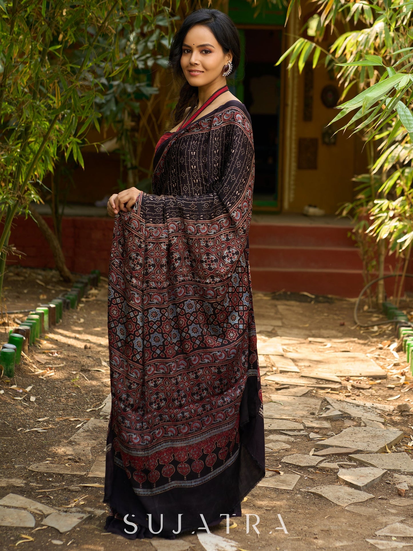 Midnight Elegance : Black Ajrakh Hand Block Printed Pure Modal Silk Saree