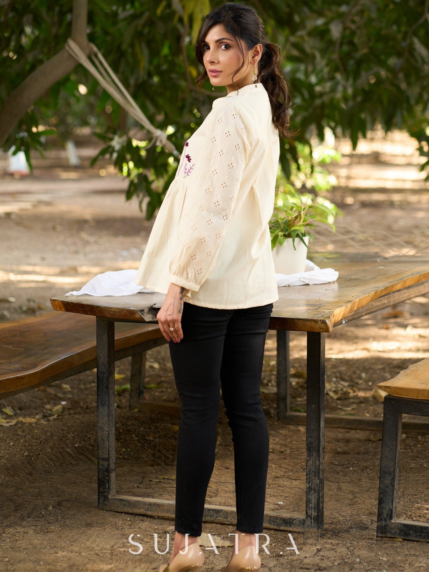 Luxe Off White Handloom Cotton Top with Graceful Hakoba Sleeves & Intricate Floral Embroidered Yoke