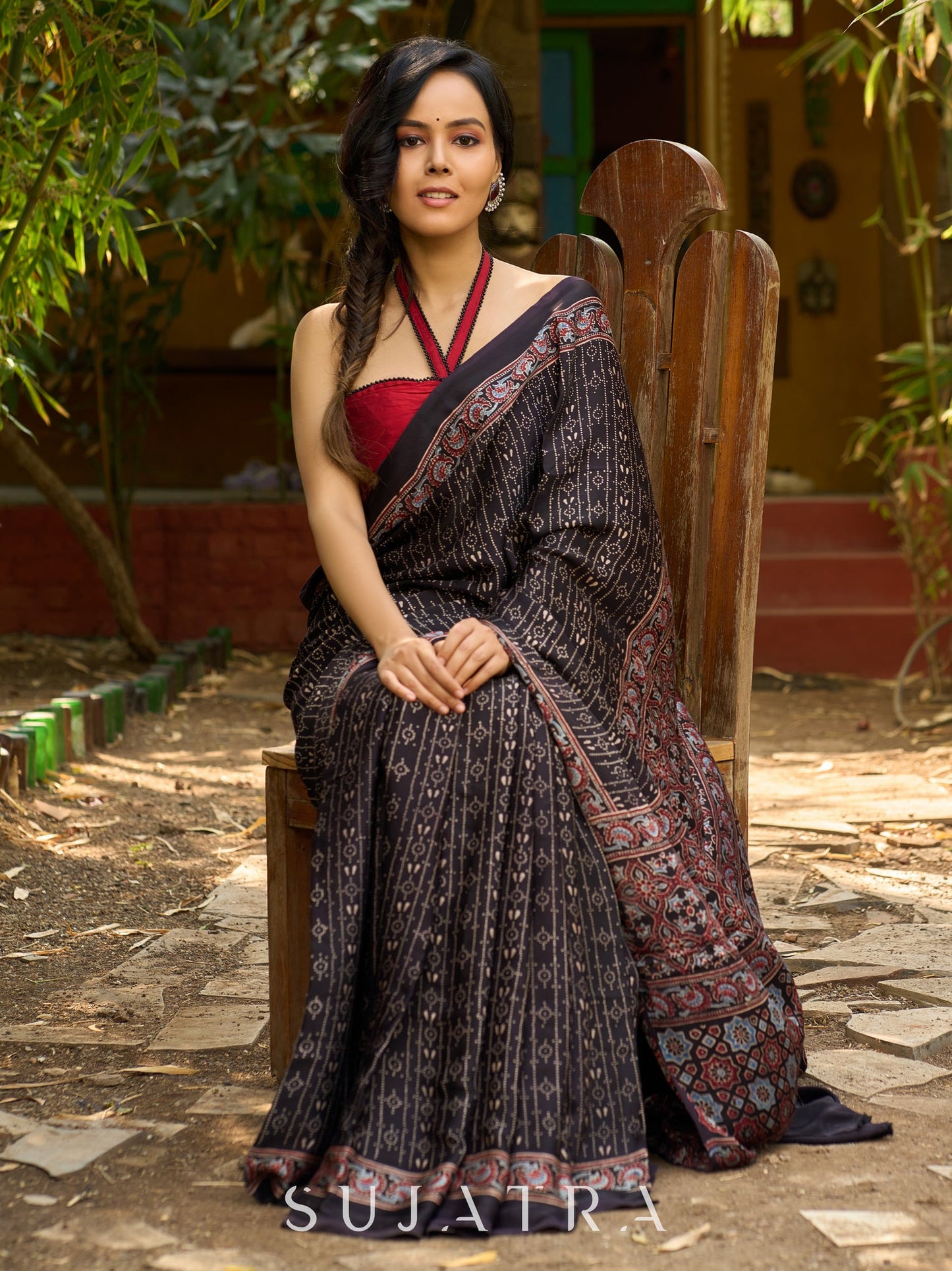 Midnight Elegance : Black Ajrakh Hand Block Printed Pure Modal Silk Saree