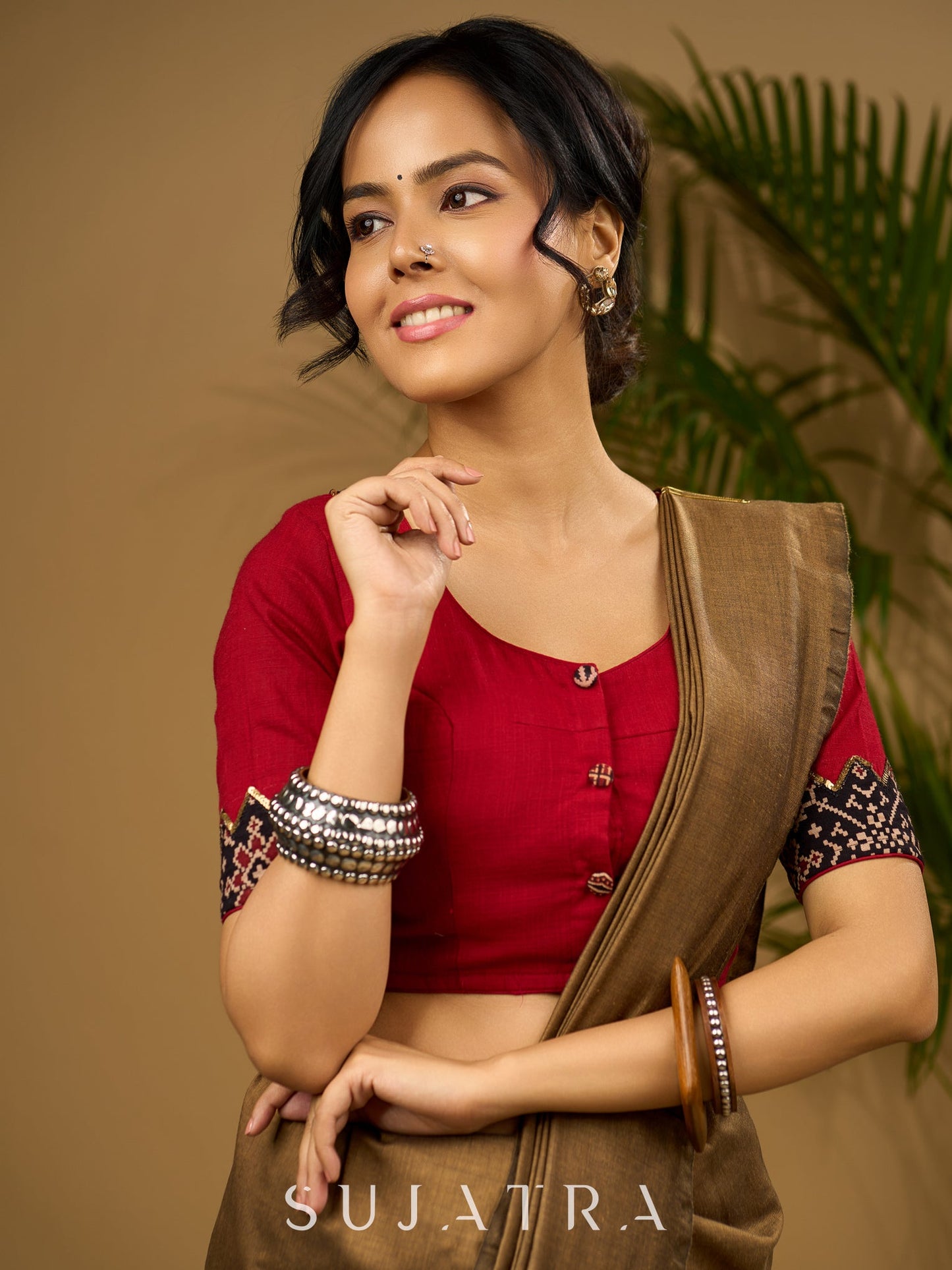 Exclusive hand embroidered maroon ajrakh cut work blouse - Optional Plain Saree