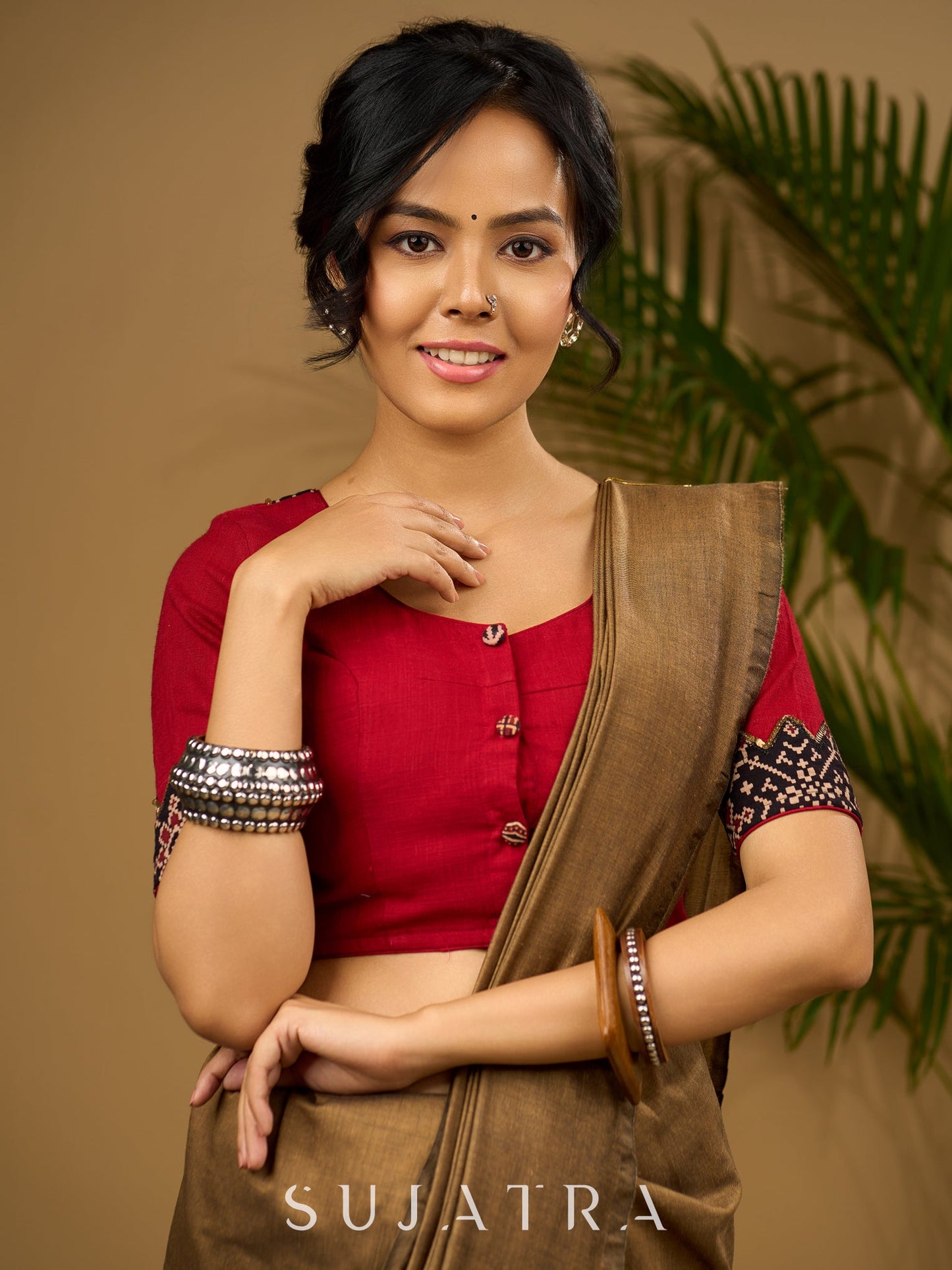 Exclusive hand embroidered maroon ajrakh cut work blouse - Optional Plain Saree