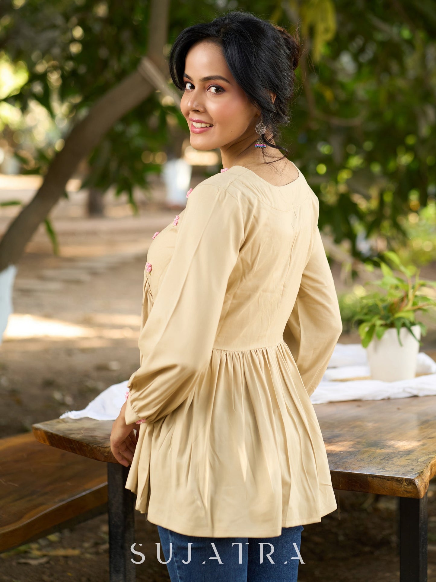 Blissful Beige Cotton Rayon Peplum Top with Ethereal Gathers & Exquisite Hand Embroidered Florals