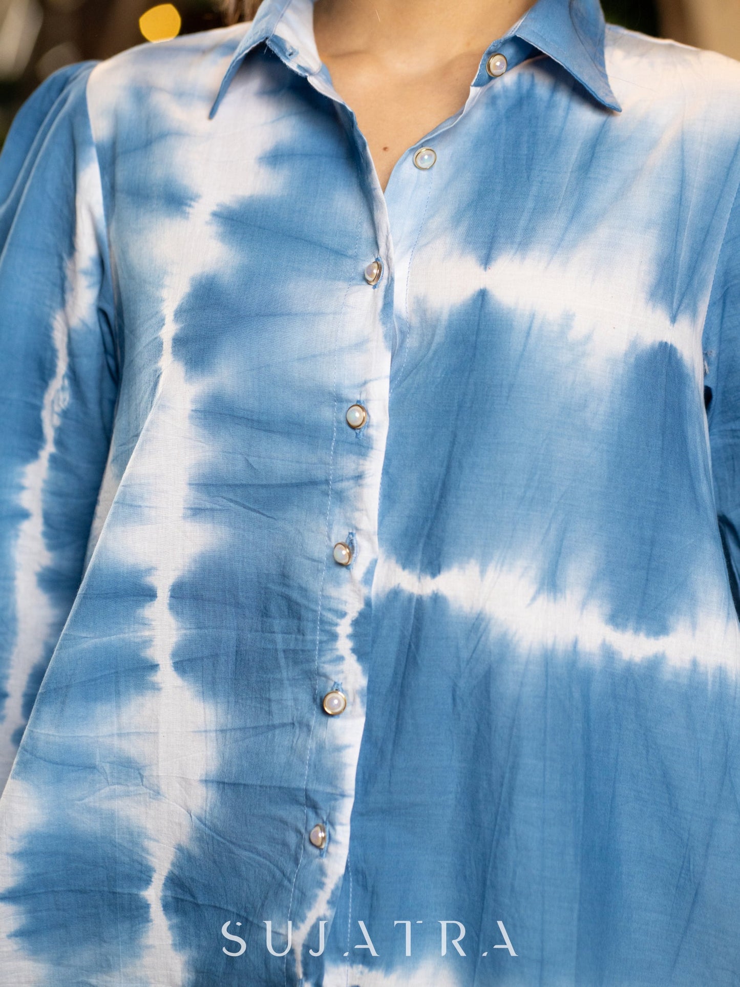 Hand Tie-Dyed Cotton Shibori Shirt in Blue with Statement Puffy Sleeves