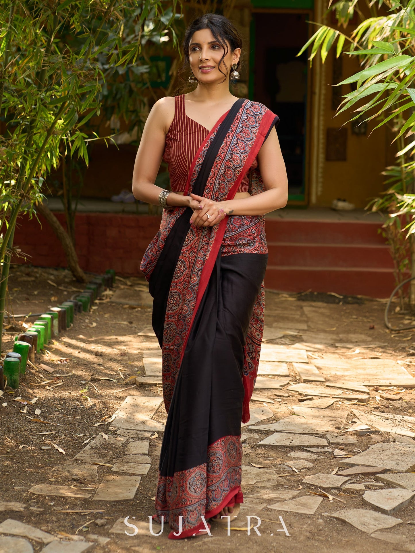 Noir Grace : Exclusive Modal Silk Saree with Red Ajrakh Border