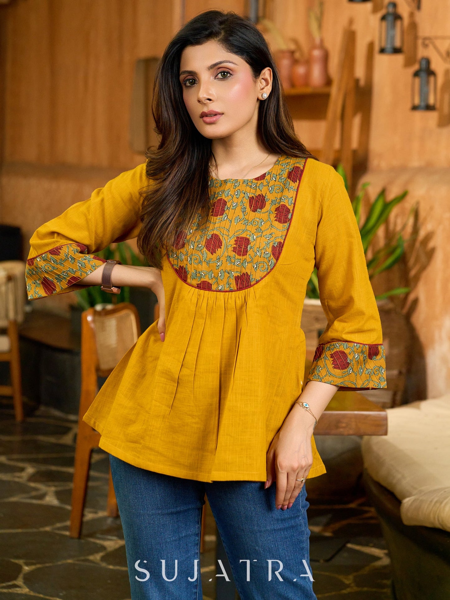 Handcrafted Mustard Cotton Top with Floral Print Pintucks Yoke and Sleeves