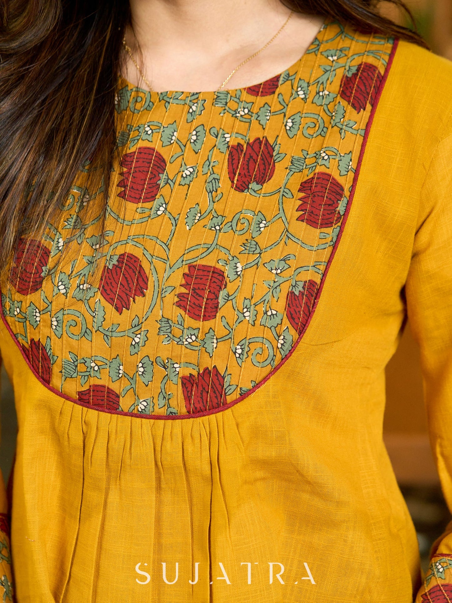 Handcrafted Mustard Cotton Top with Floral Print Pintucks Yoke and Sleeves