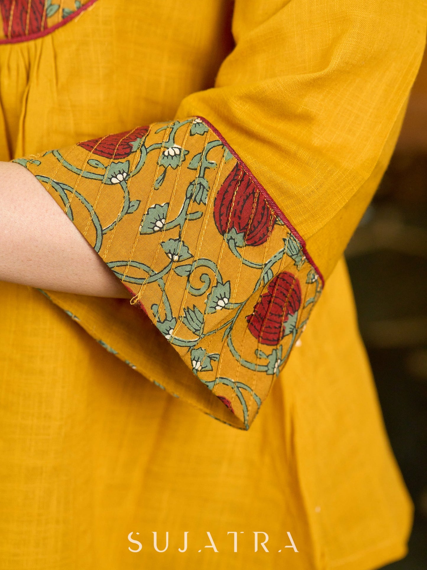 Handcrafted Mustard Cotton Top with Floral Print Pintucks Yoke and Sleeves