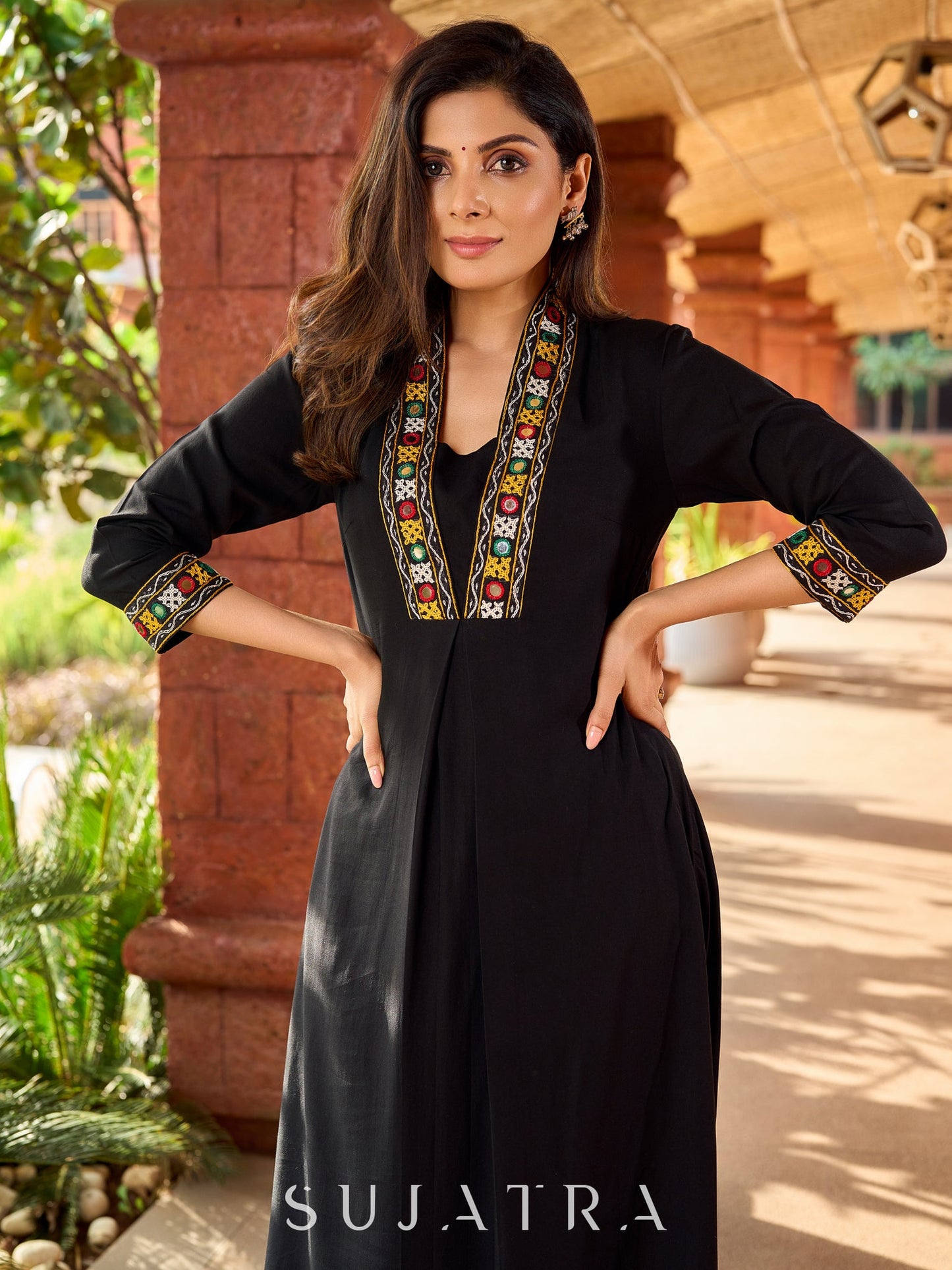 Traditional black rayon A-line kurta with traditional Kutch mirror work - pant optional