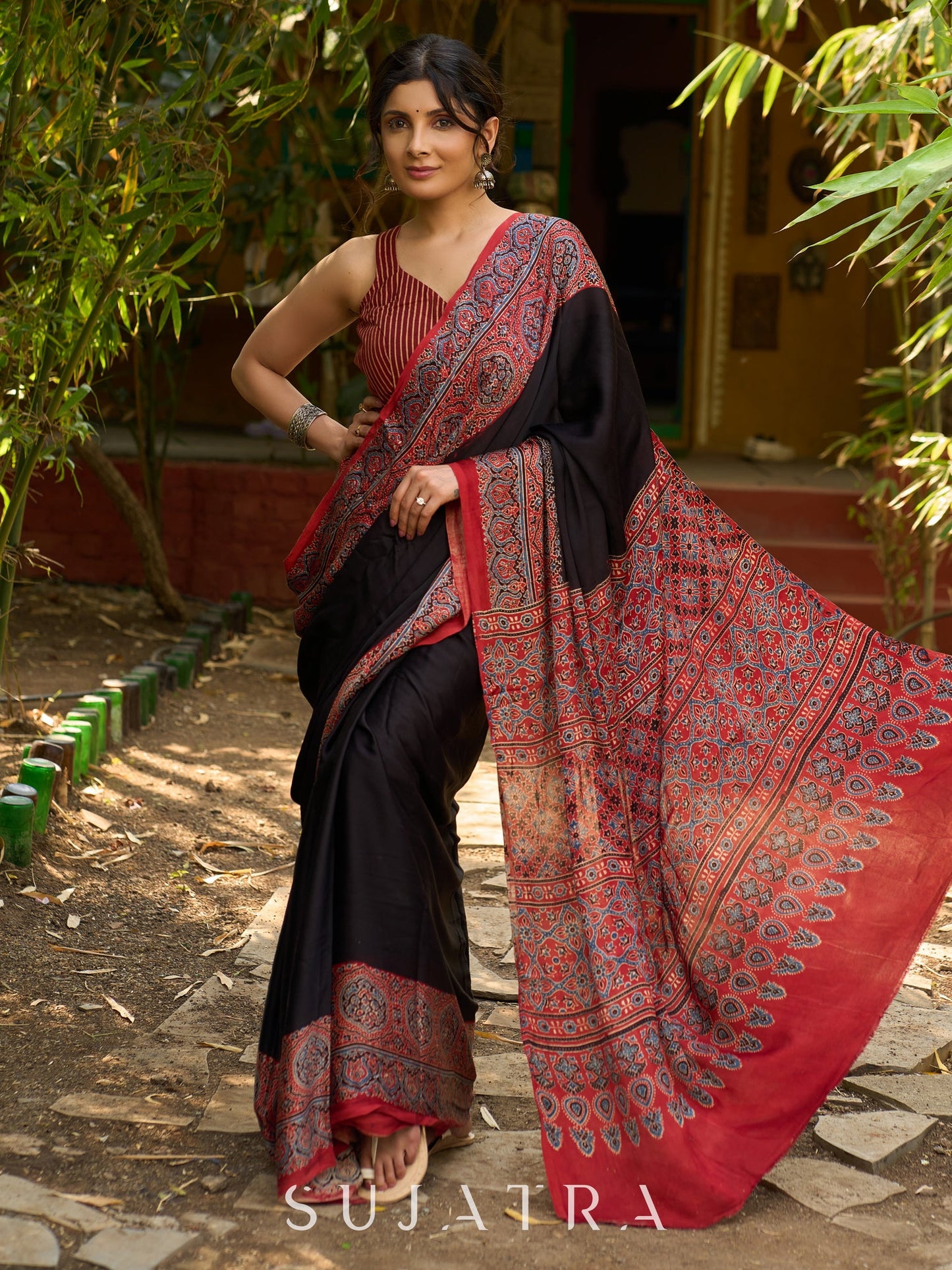 Noir Grace : Exclusive Modal Silk Saree with Red Ajrakh Border
