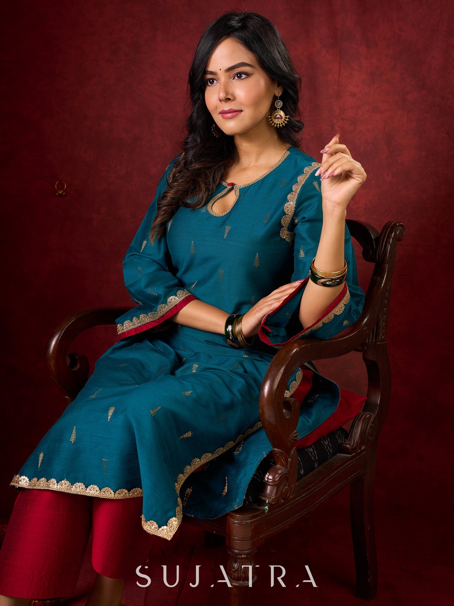 Radiant Teal Silk Kurta with Golden Self-Butta Design