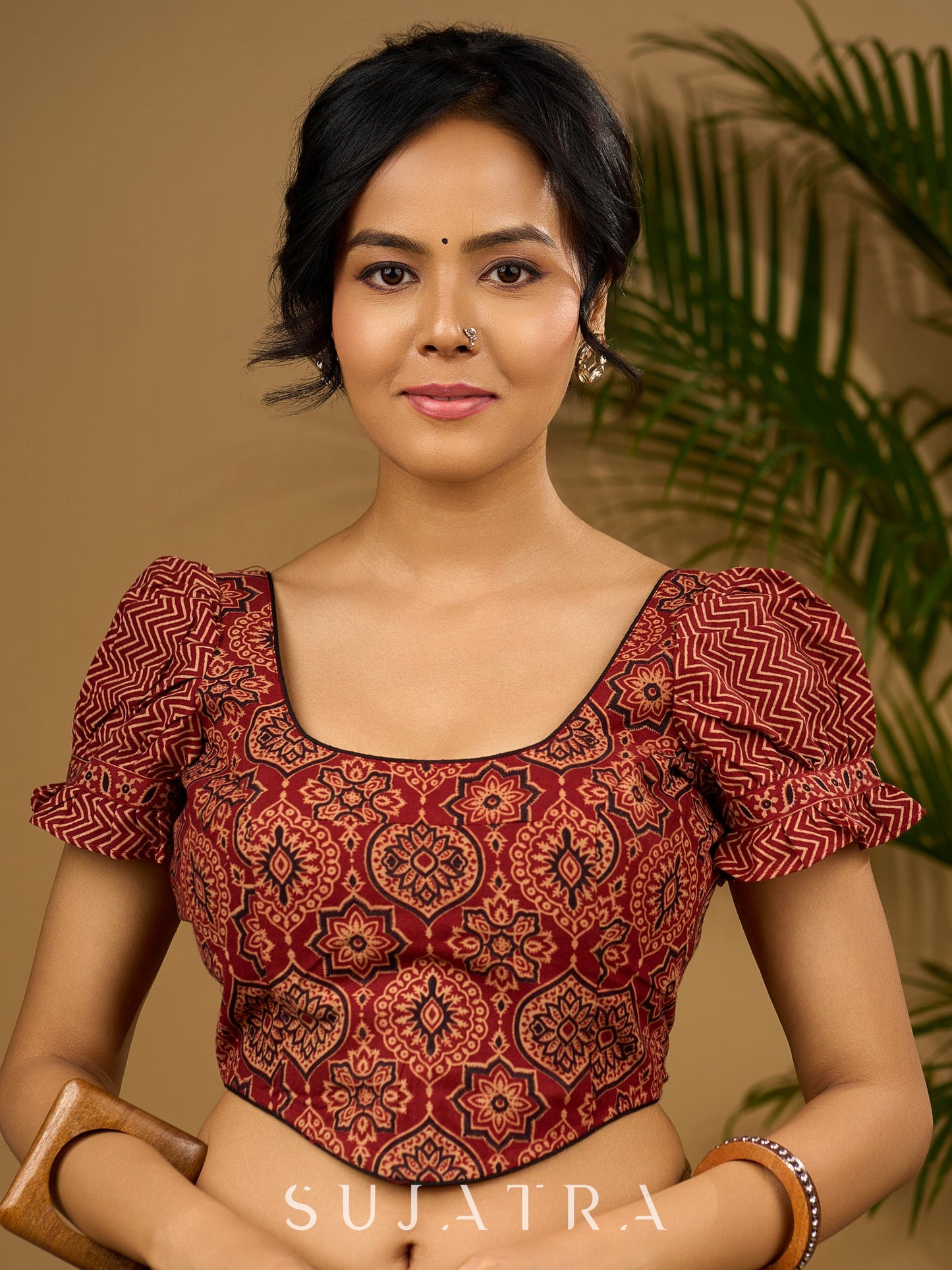Sleek corset -style ajrakh fitted silhouette cotton blouse