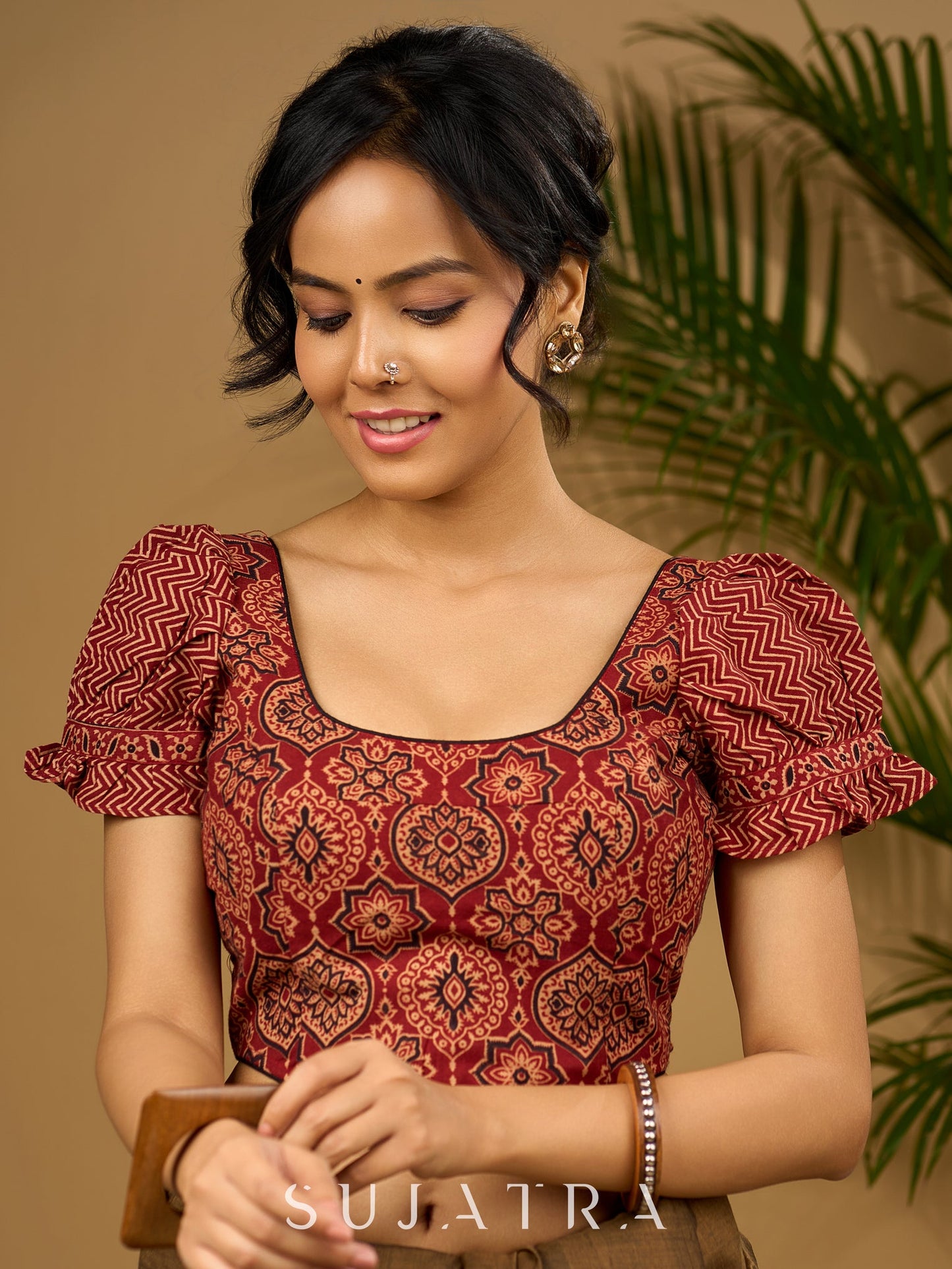 Sleek corset -style ajrakh fitted silhouette cotton blouse
