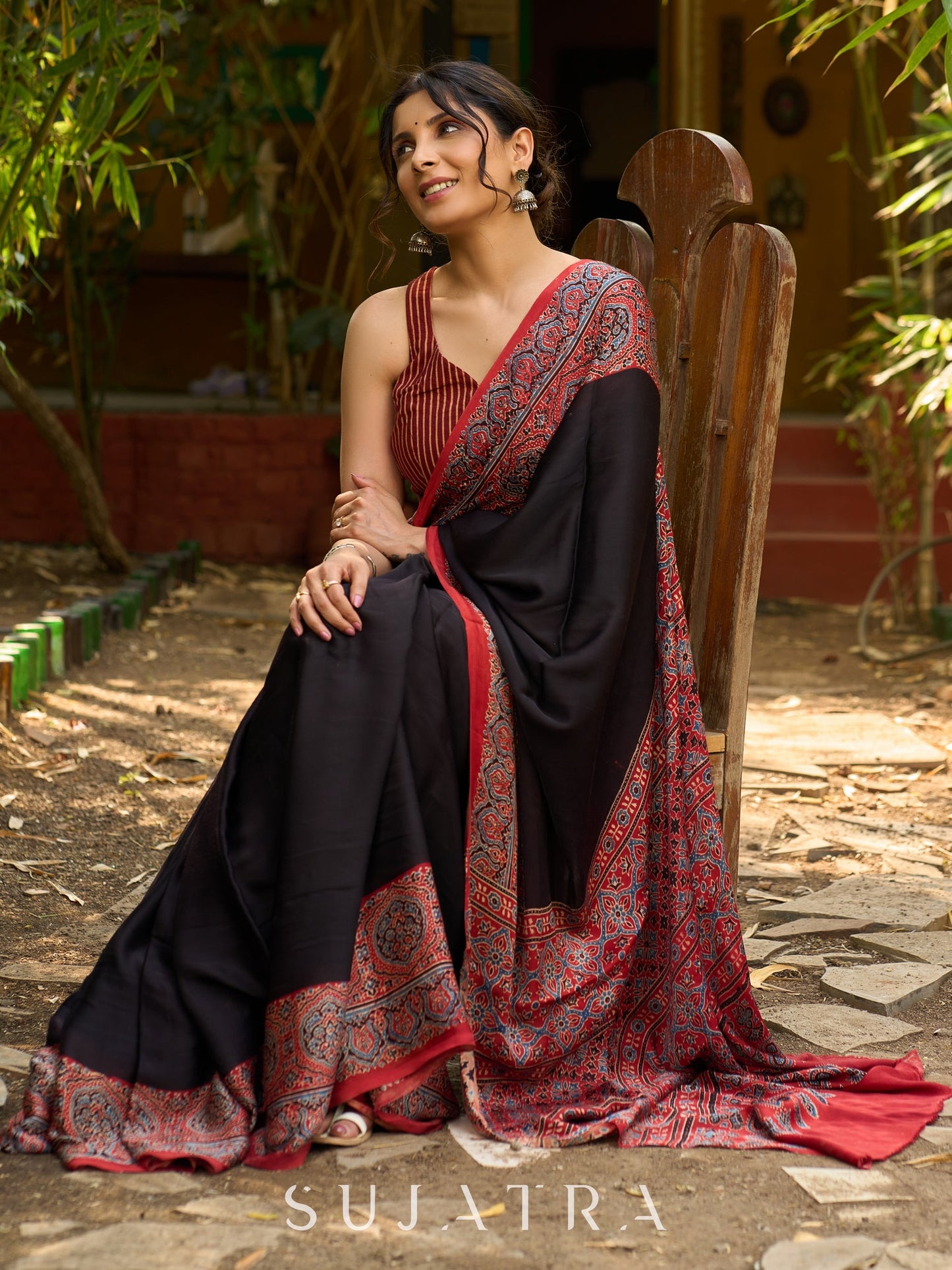 Noir Grace : Exclusive Modal Silk Saree with Red Ajrakh Border