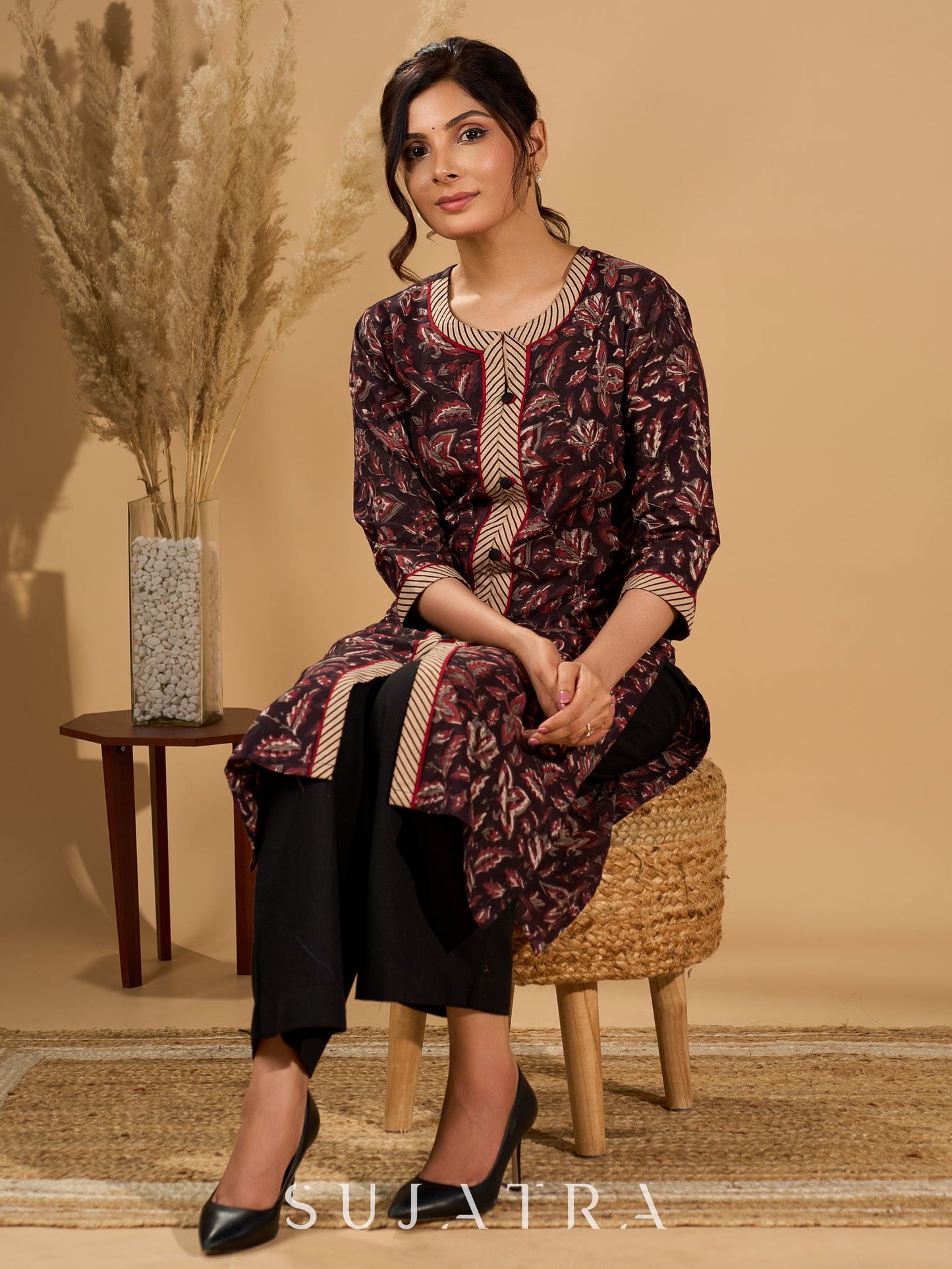 Noir Flora Mul Cotton Kurta with Contrasting Ajrakh Details