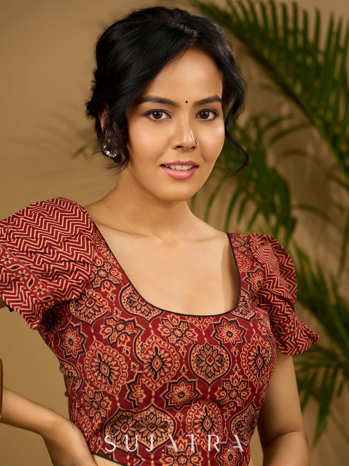 Sleek corset -style ajrakh fitted silhouette cotton blouse