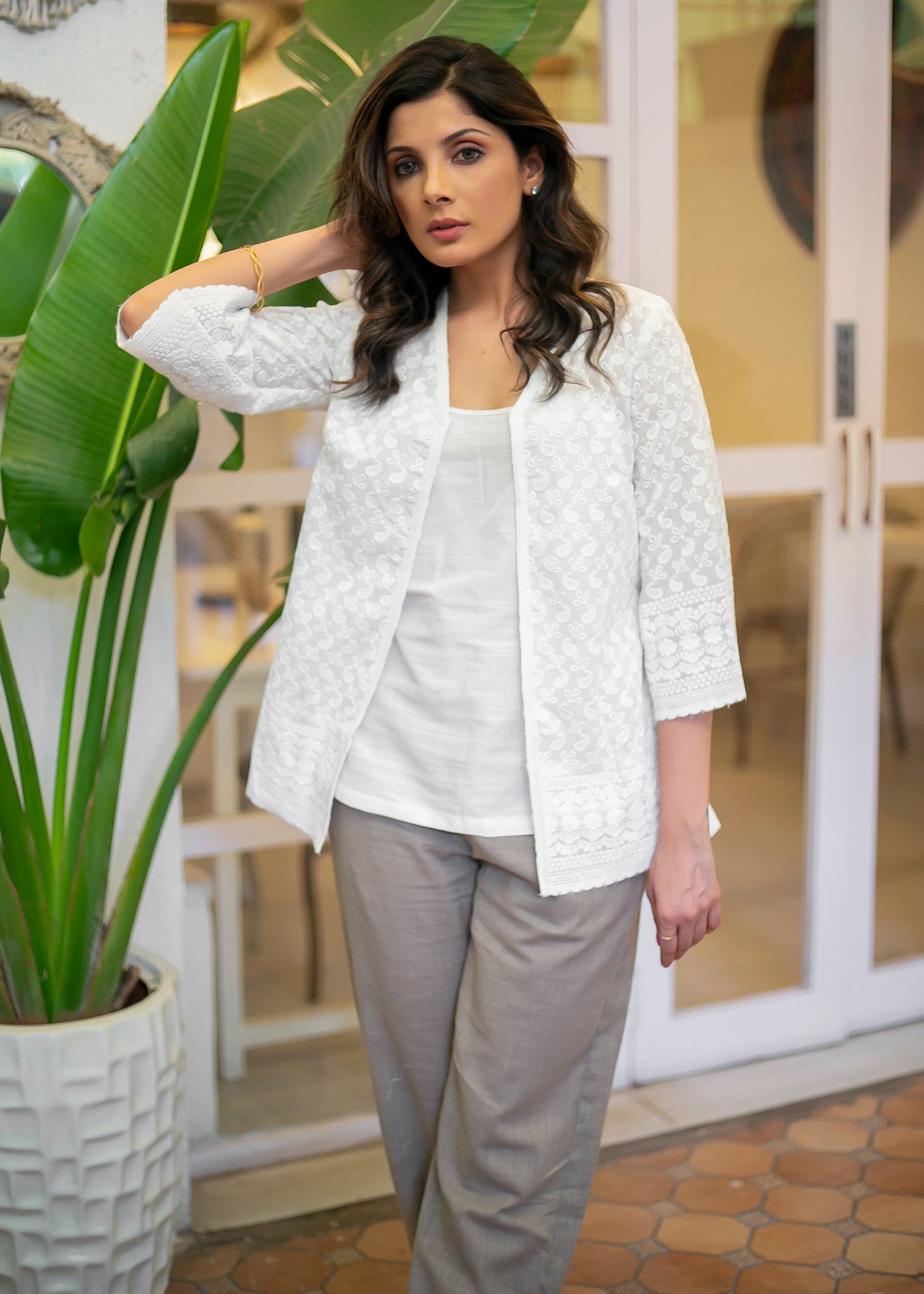 Classy White Cotton Embroidered Jacket with White Inner