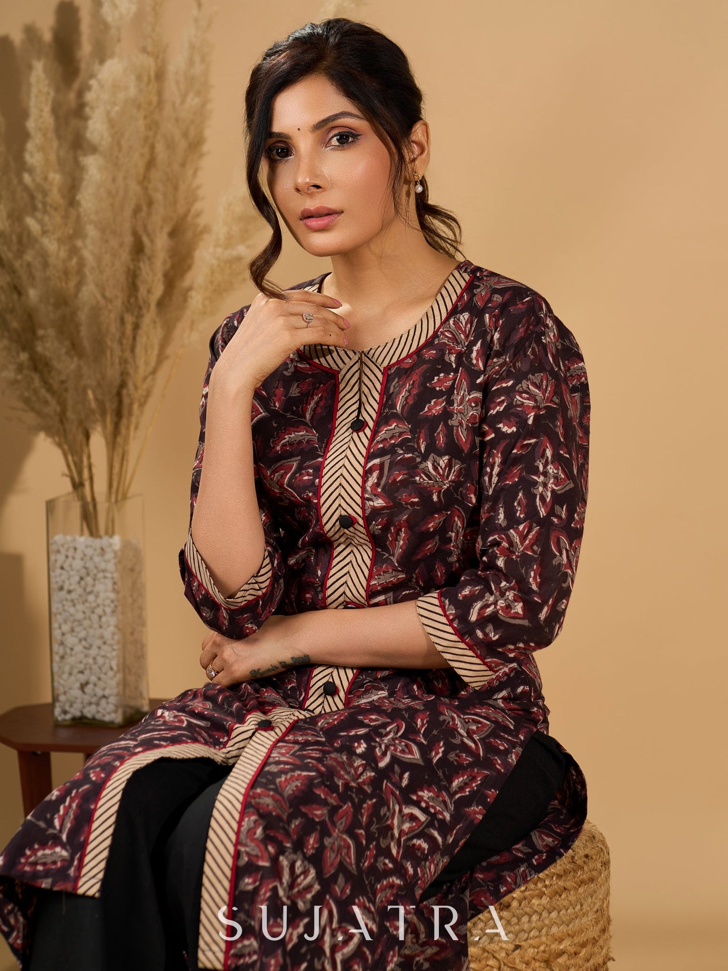 Noir Flora Mul Cotton Kurta with Contrasting Ajrakh Details