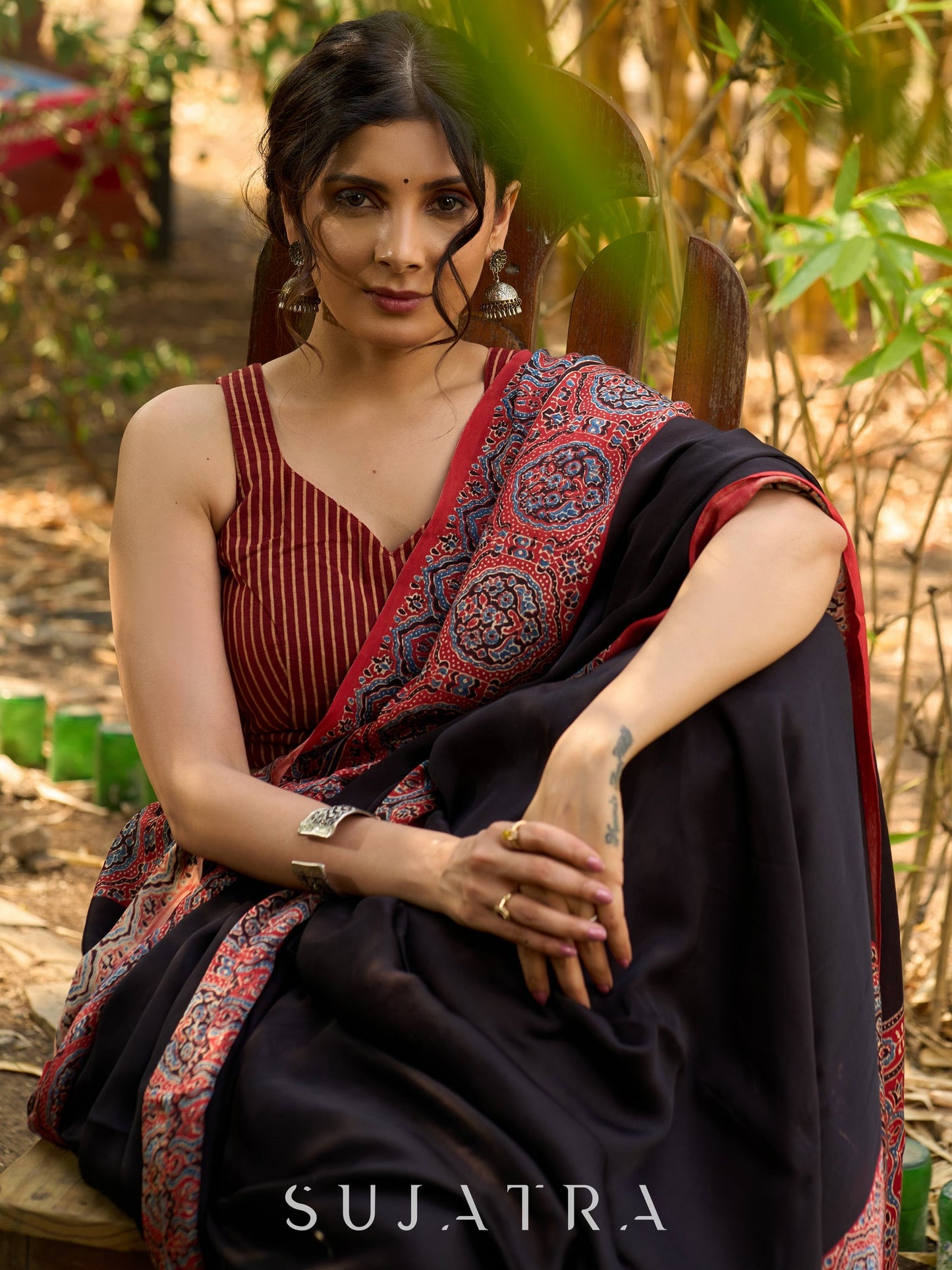Noir Grace : Exclusive Modal Silk Saree with Red Ajrakh Border