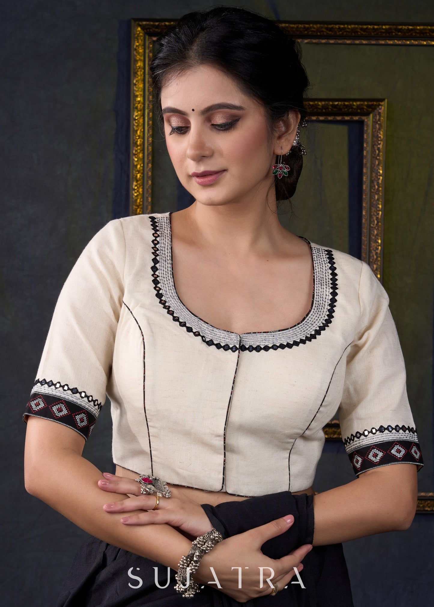 Exclusive Embroidered off White Cotton Blouse