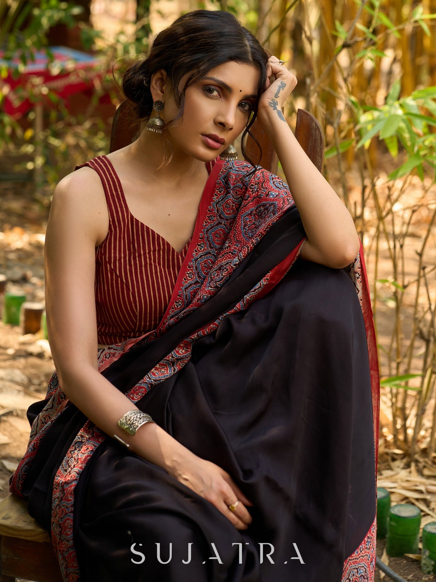 Noir Grace : Exclusive Modal Silk Saree with Red Ajrakh Border
