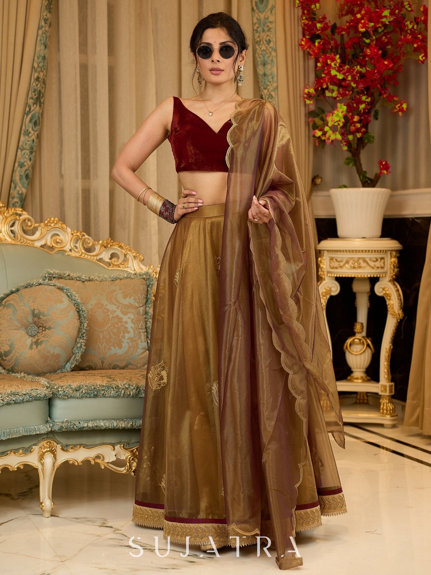 Regal ensemble gold tissue lehenga with intricate embroidery and a stunning velvet blouse - Dupatta Optional