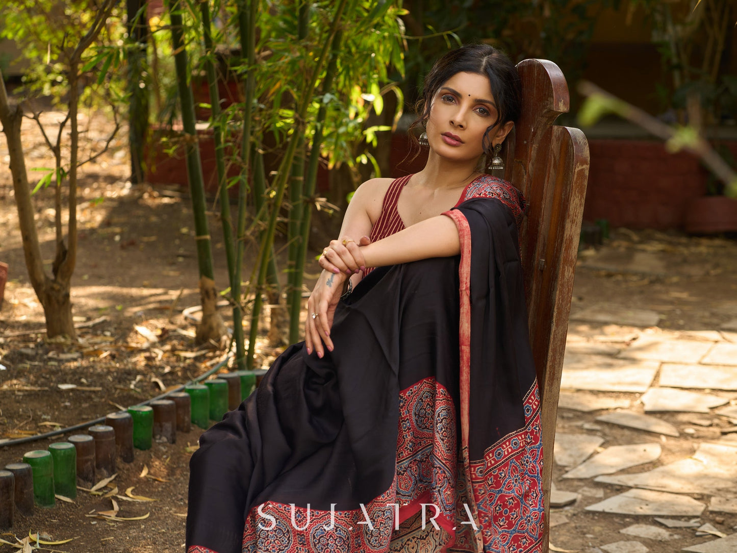 Noir Grace : Exclusive Modal Silk Saree with Red Ajrakh Border